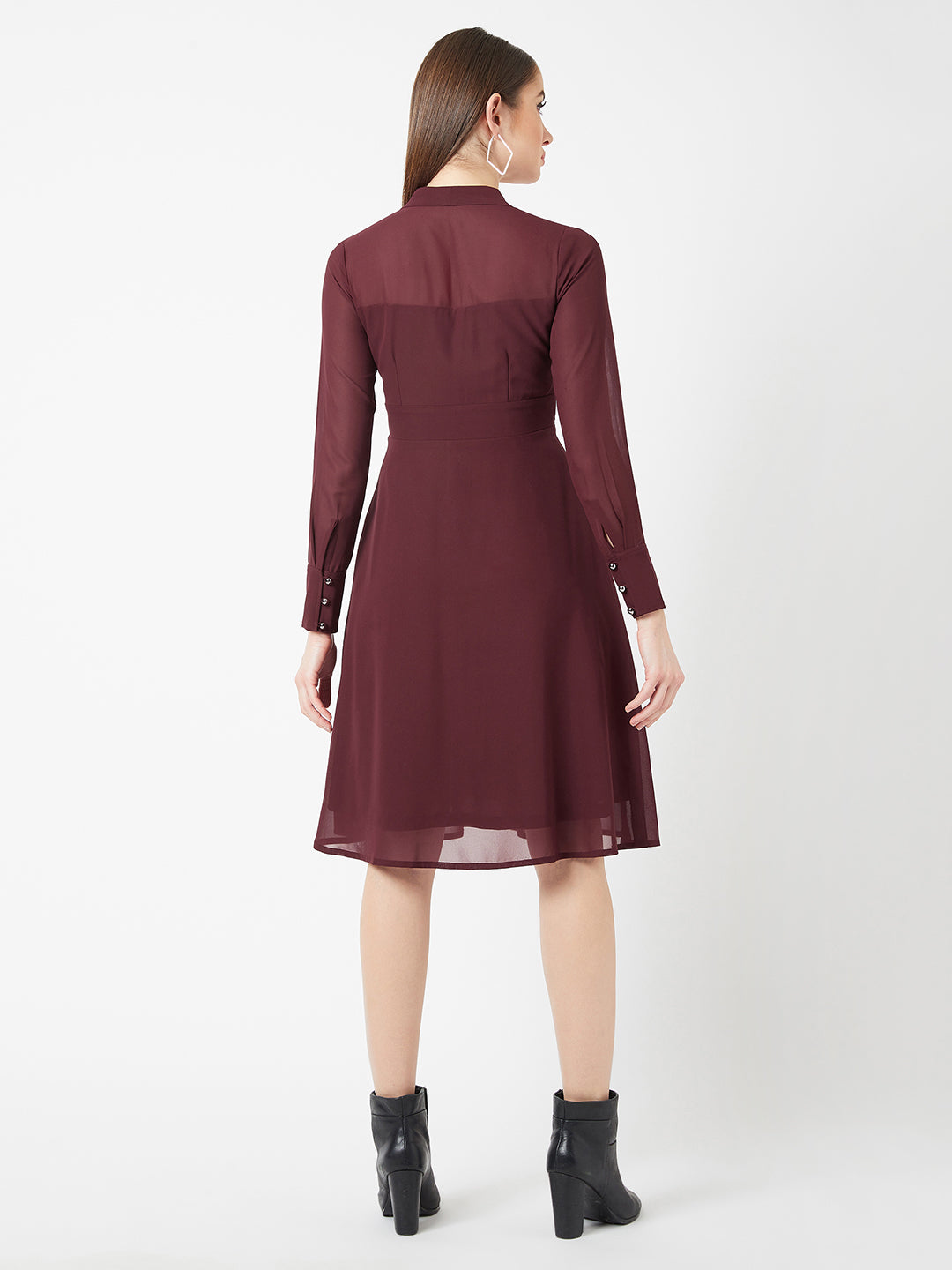 Women's Wine Red V-Neck Full Sleeve Solid Fit & Flare Midi Dress