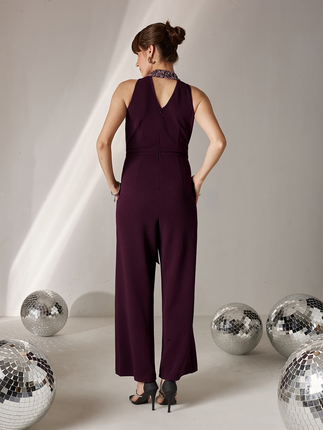Women's Dark Purple Halter Neck Sleeveless Embellished Regular-Length Jumpsuit