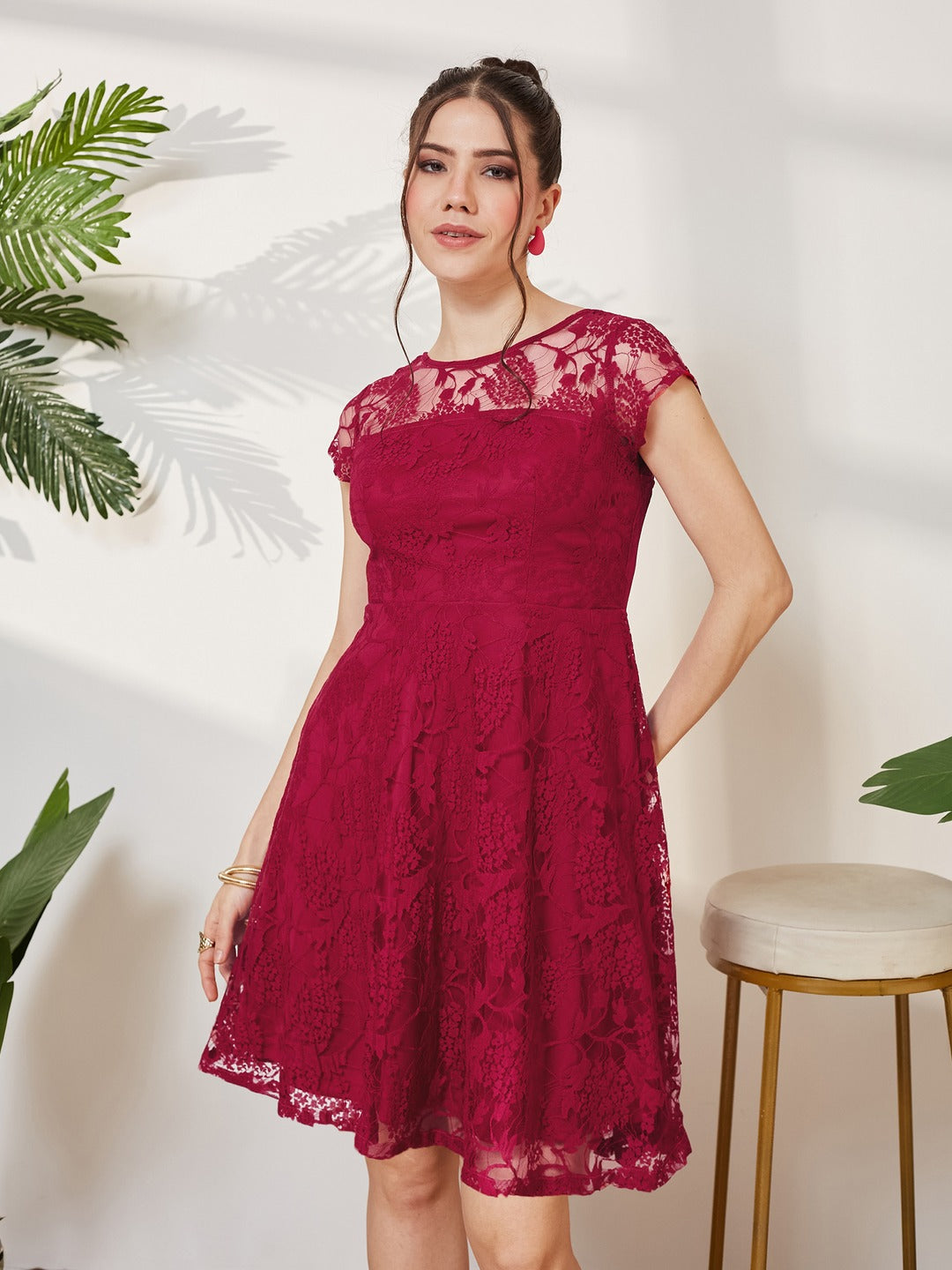Dark Pink Round Neck Cap Sleeves Low Back Lace Skater Dress for Women