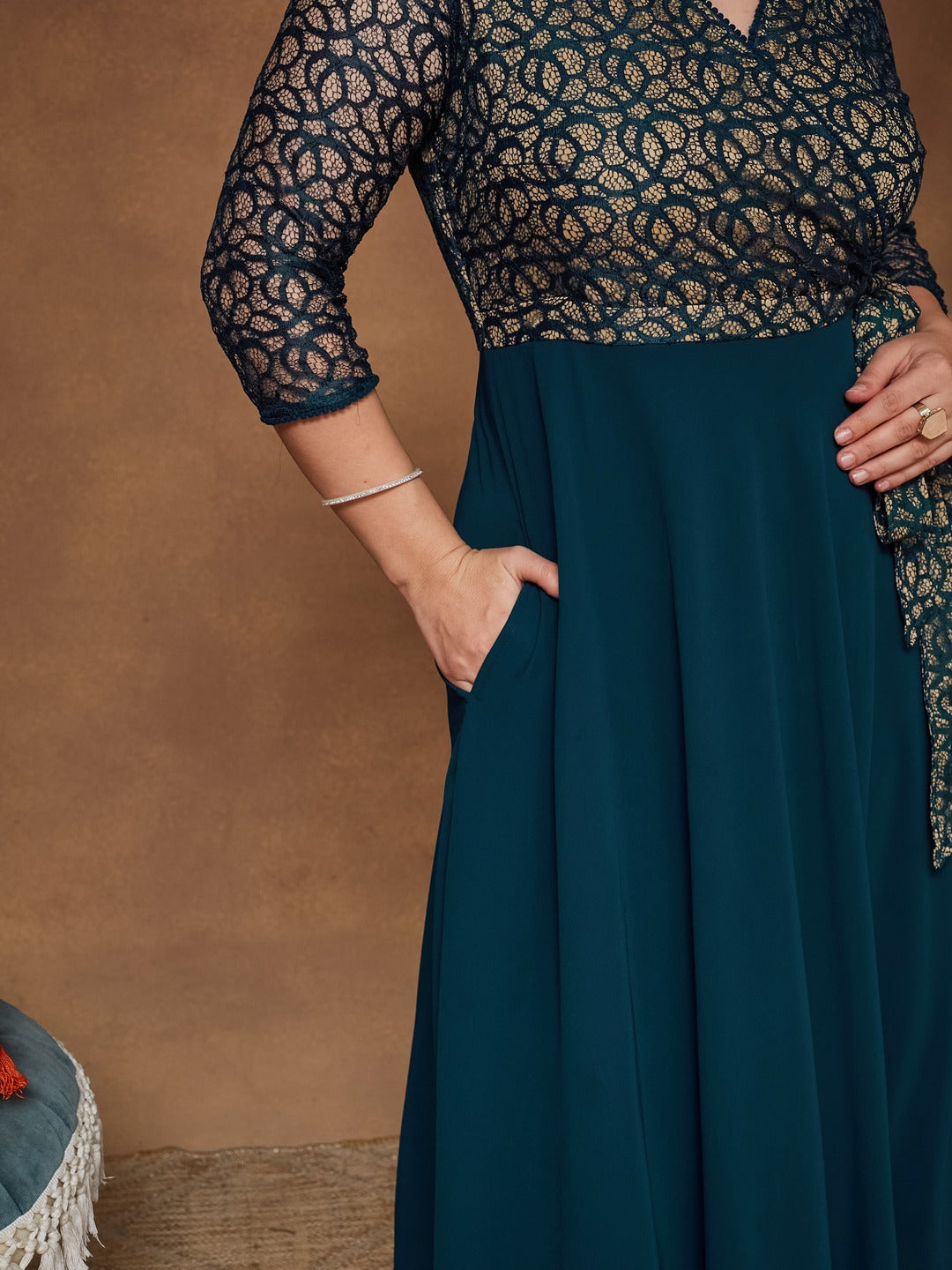 Teal Floral Printed Relaxed Fit V-Neck 3/4th Sleeve Maxi Dress  for Women — Miss Chase A+