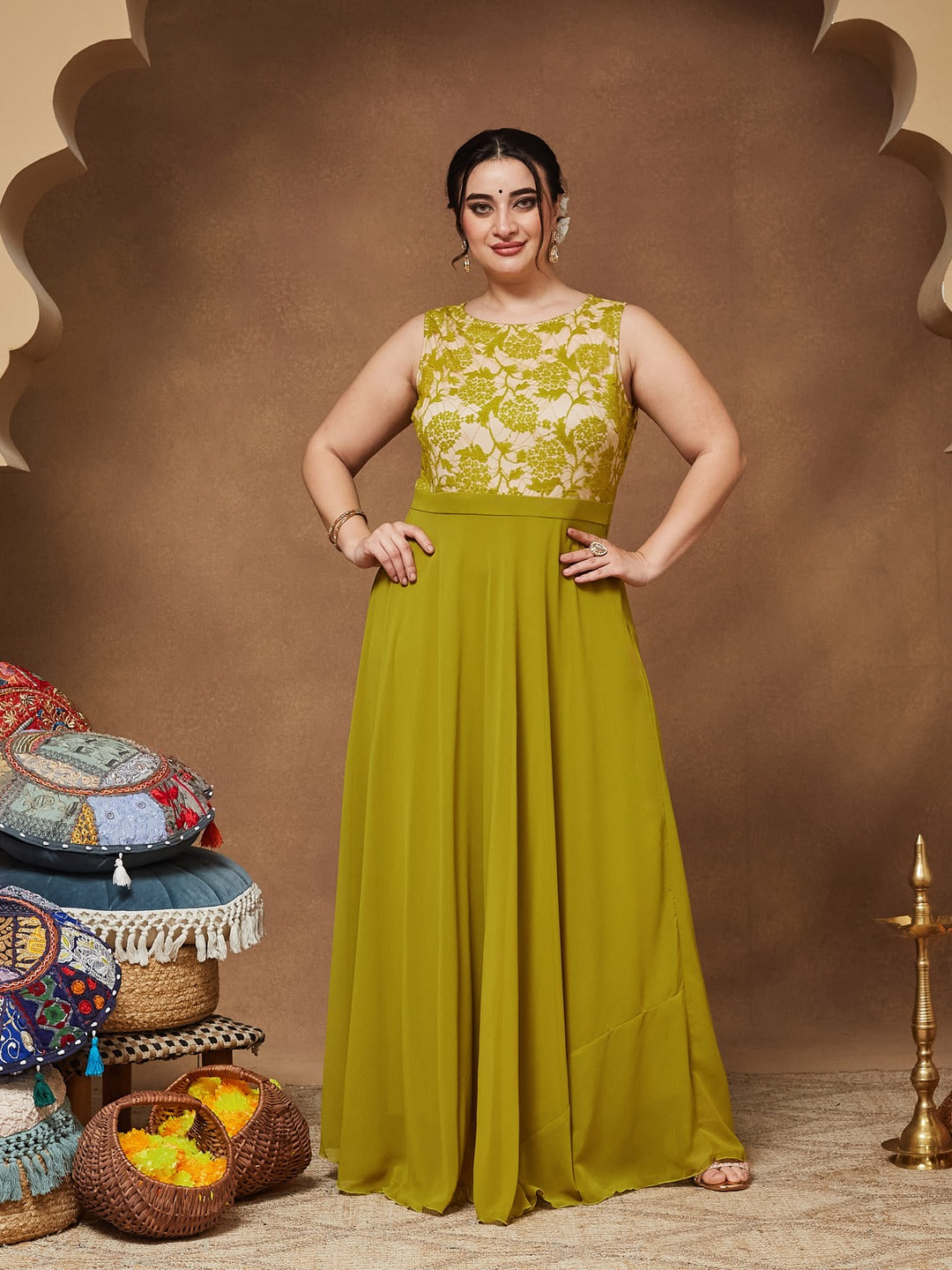 Lemon Green Round Neck Sleeveless Georgette Floral Lace Fit & Flare Maxi Dress for Women — Miss Chase A+