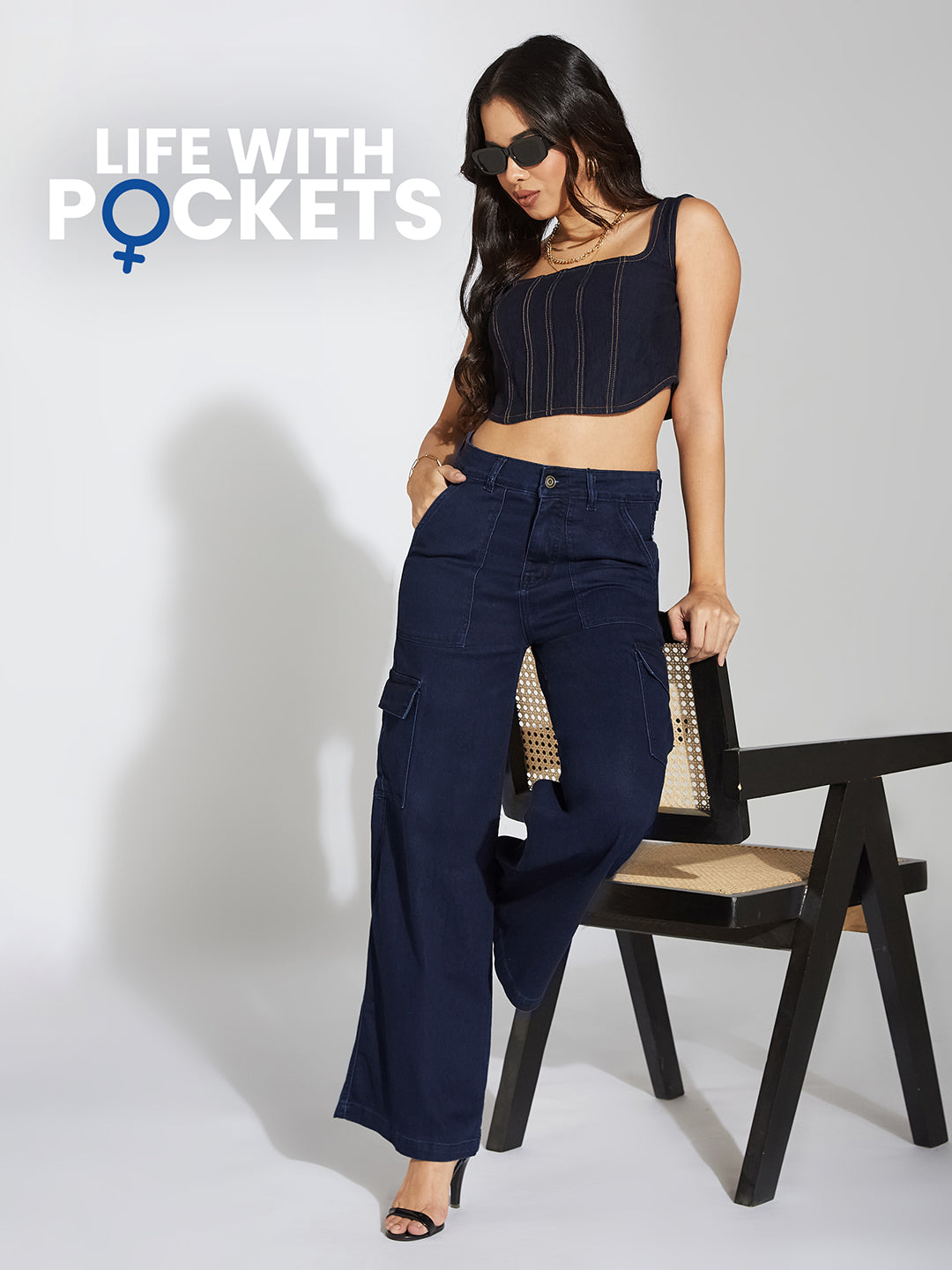Women's Navy Blue Wide-Leg High-Rise Clean-Look Stretchable Denim Cargo Jeans