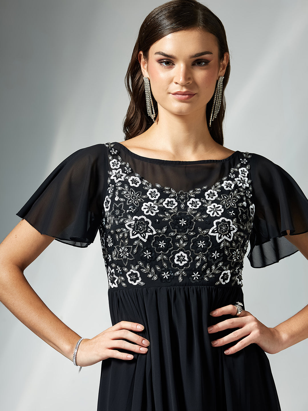 Women's Black Embellished Gathered Maxi Dress
