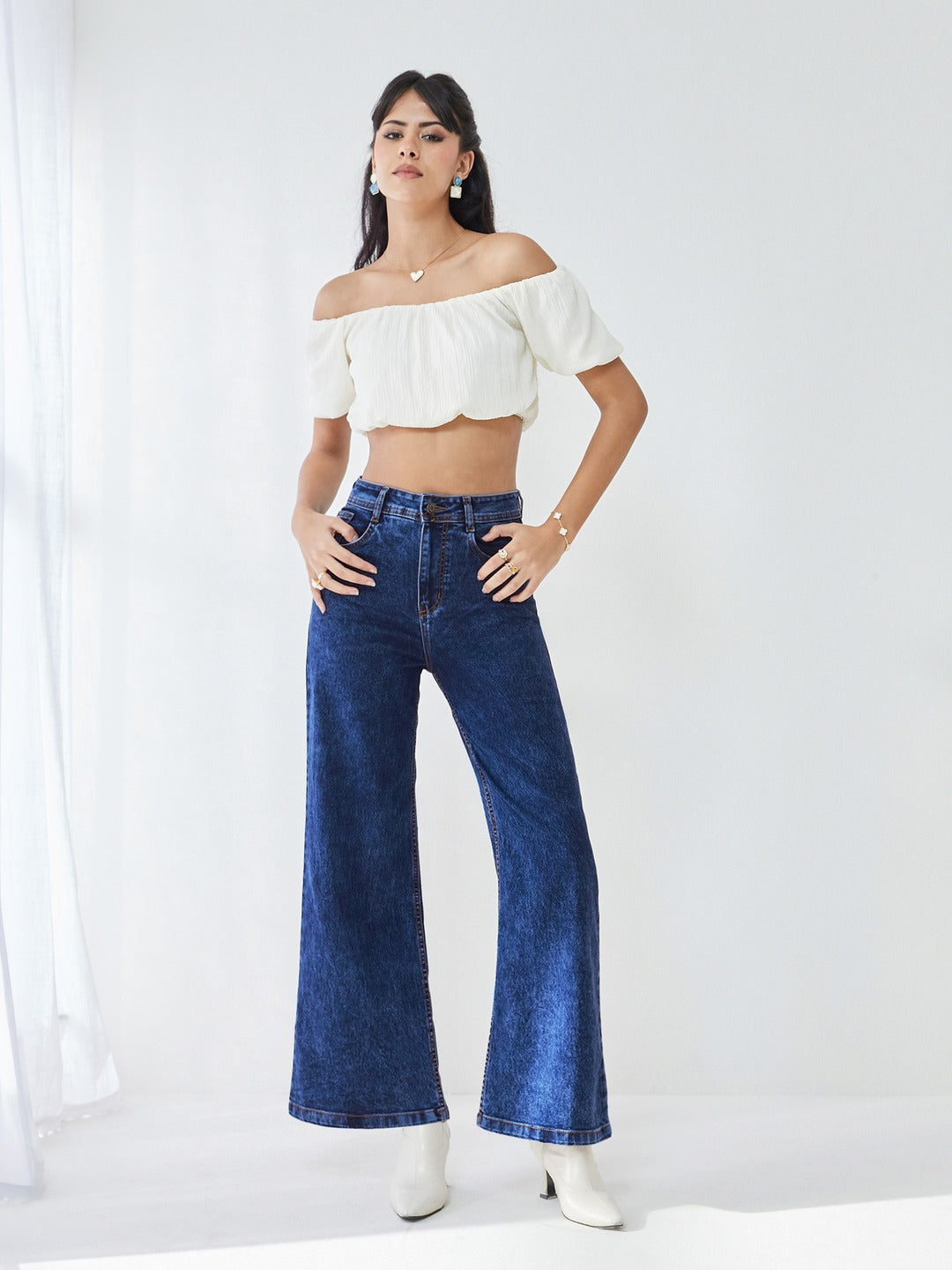 Mid Blue Wide-Leg High-Rise Stretchable Denim Jeans for Women