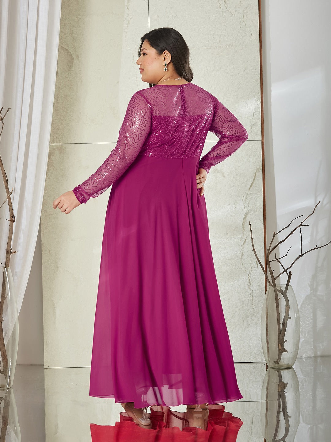 Ruby Pink Solid Embellished Maxi Dress for Women