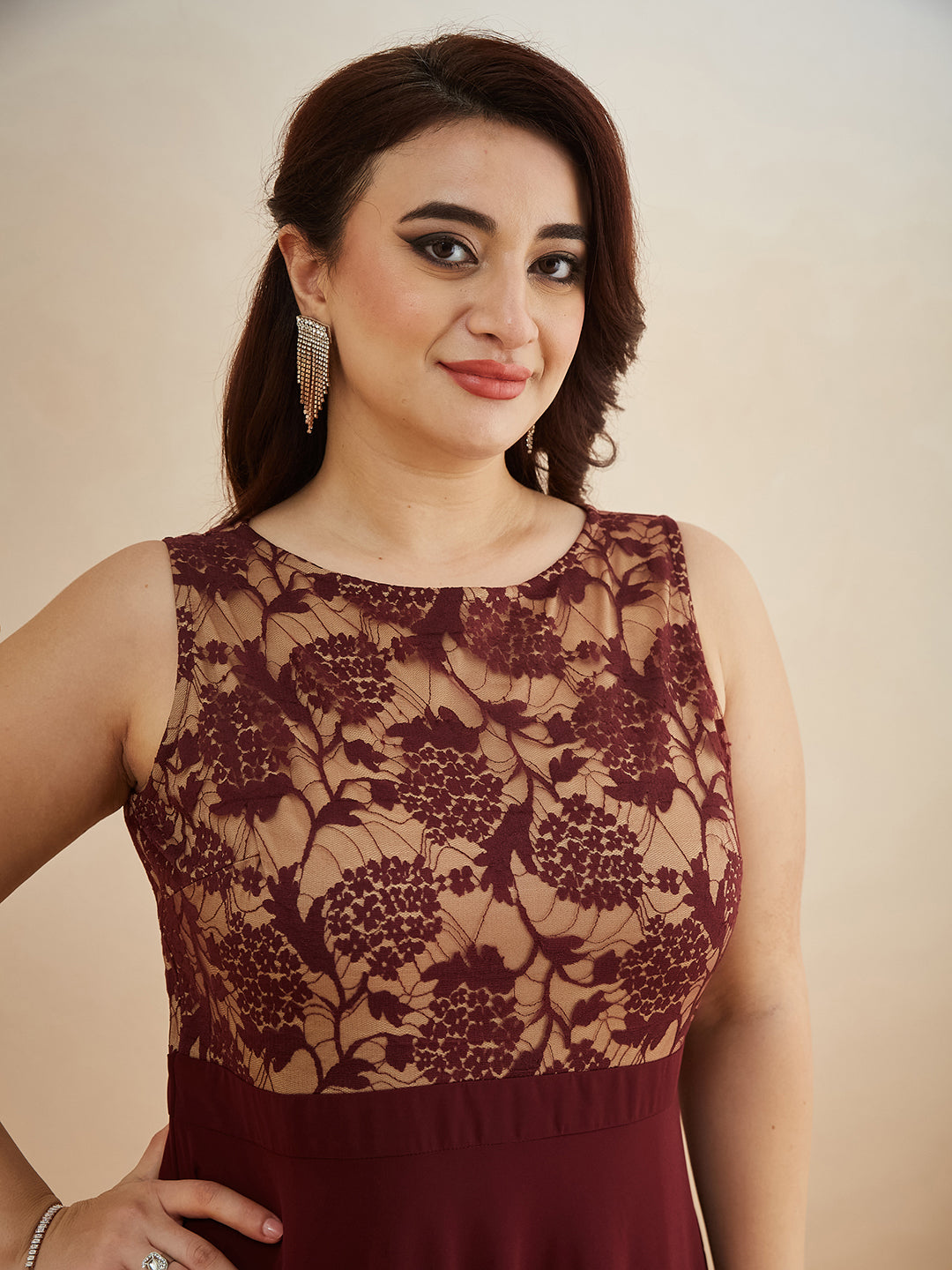 Beige & Wine Round Neck Sleeveless Georgette Floral Lace Fit & Flare Maxi Dress for Women — Miss Chase A+