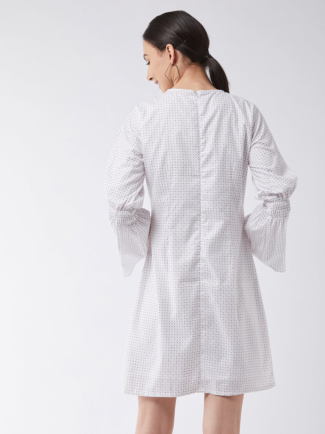 Women's Multicolored with Base White Round Neck Full Sleeve Cotton Geometric Print Smocked Detailing Knee-Long Dress