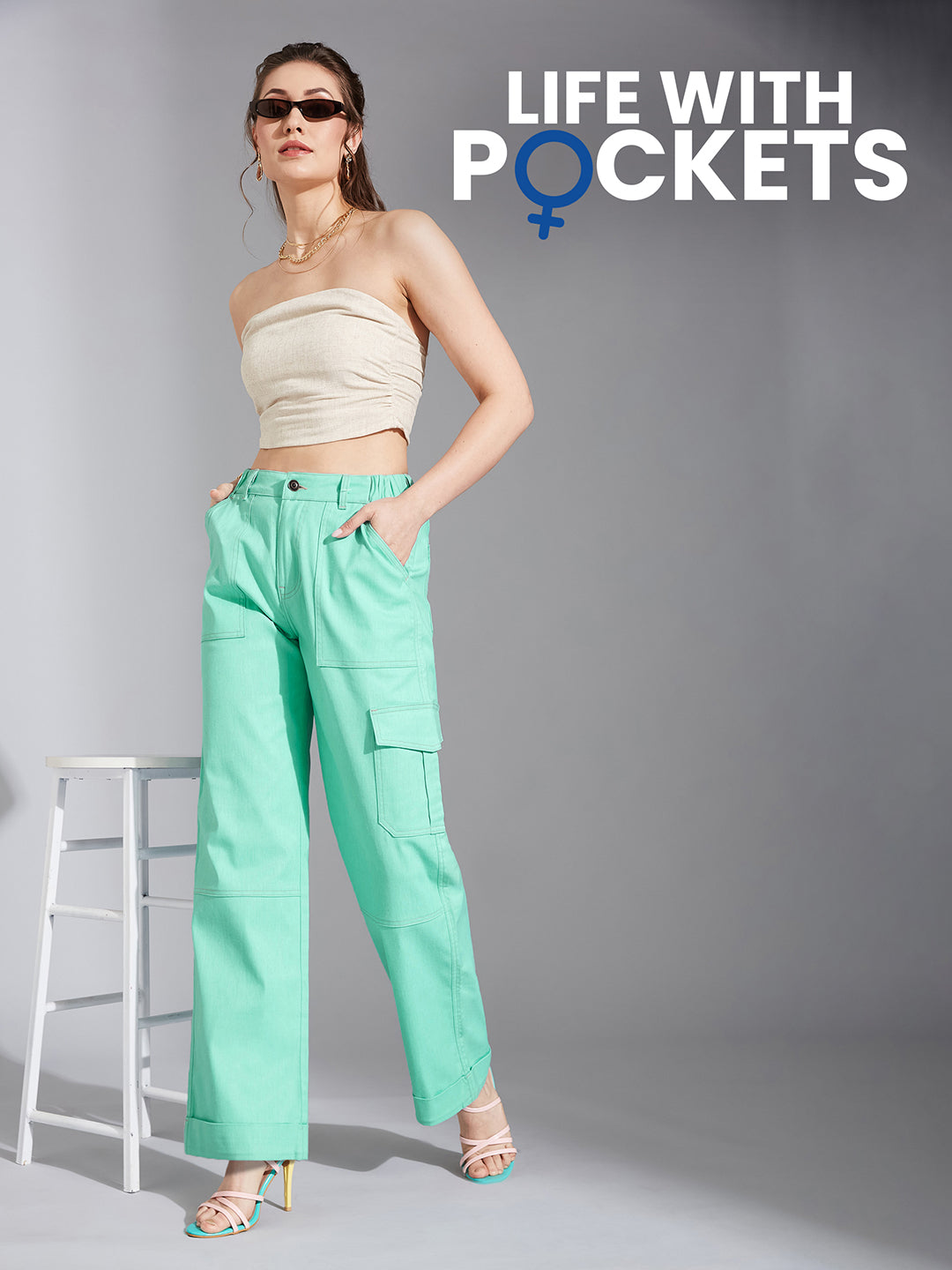 Women's Turquoise Wide-Leg High Rise Clean Look Regular-Length Stretchable Denim Pants