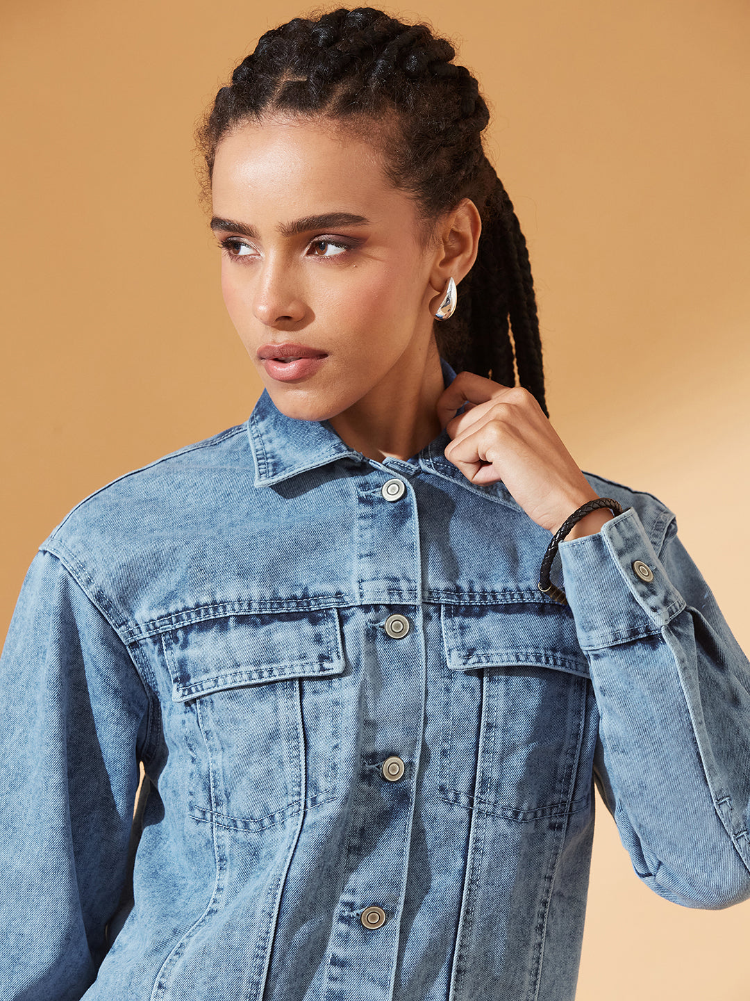 Light-Blue Collared Full Sleeve Solid Classic Denim Jacket for Women