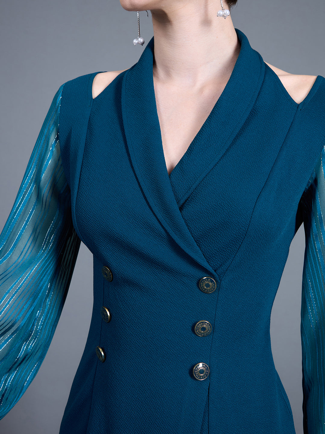 Women's Teal Shawl Collar Bishop Sleeves Solid Double Breasted Knee Length Dress