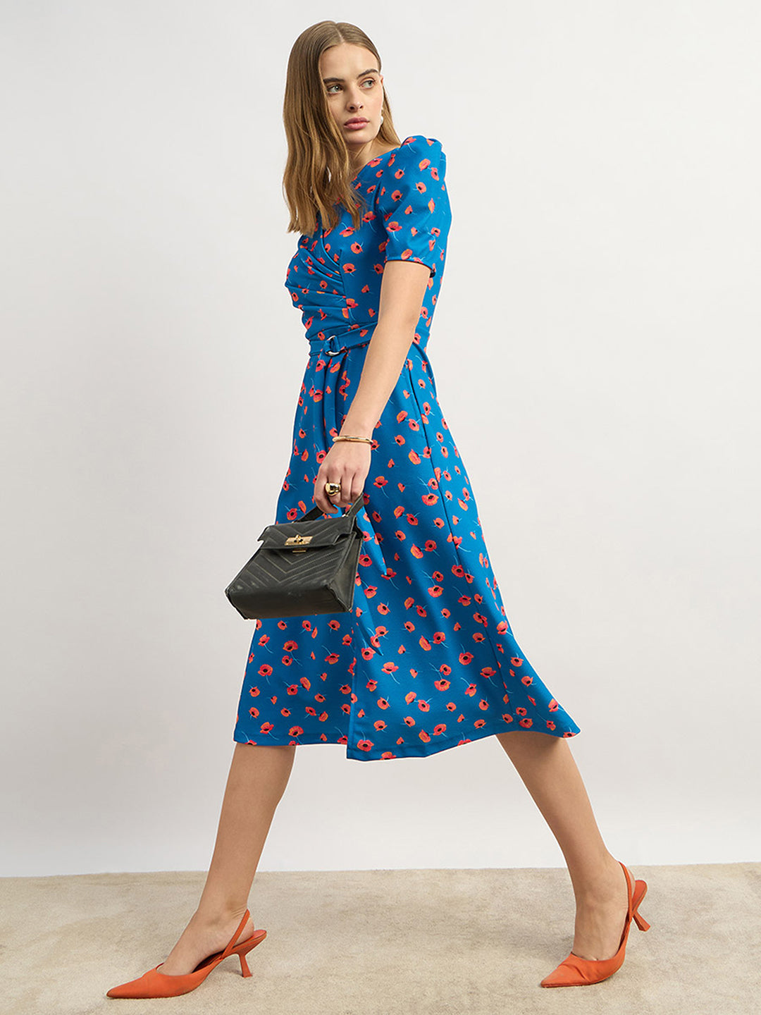 Women's Multicolored-Base-Blue V-Neck Pleated Puff Sleeve Floral Patterned Wrap Midi Polyester Dress
