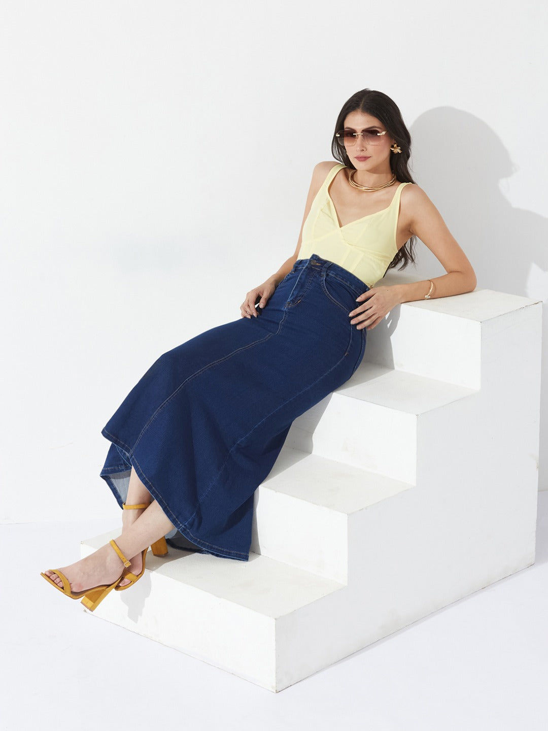 Dark Blue Flared High-Rise Stretchable Denim Maxi Skirt for Women