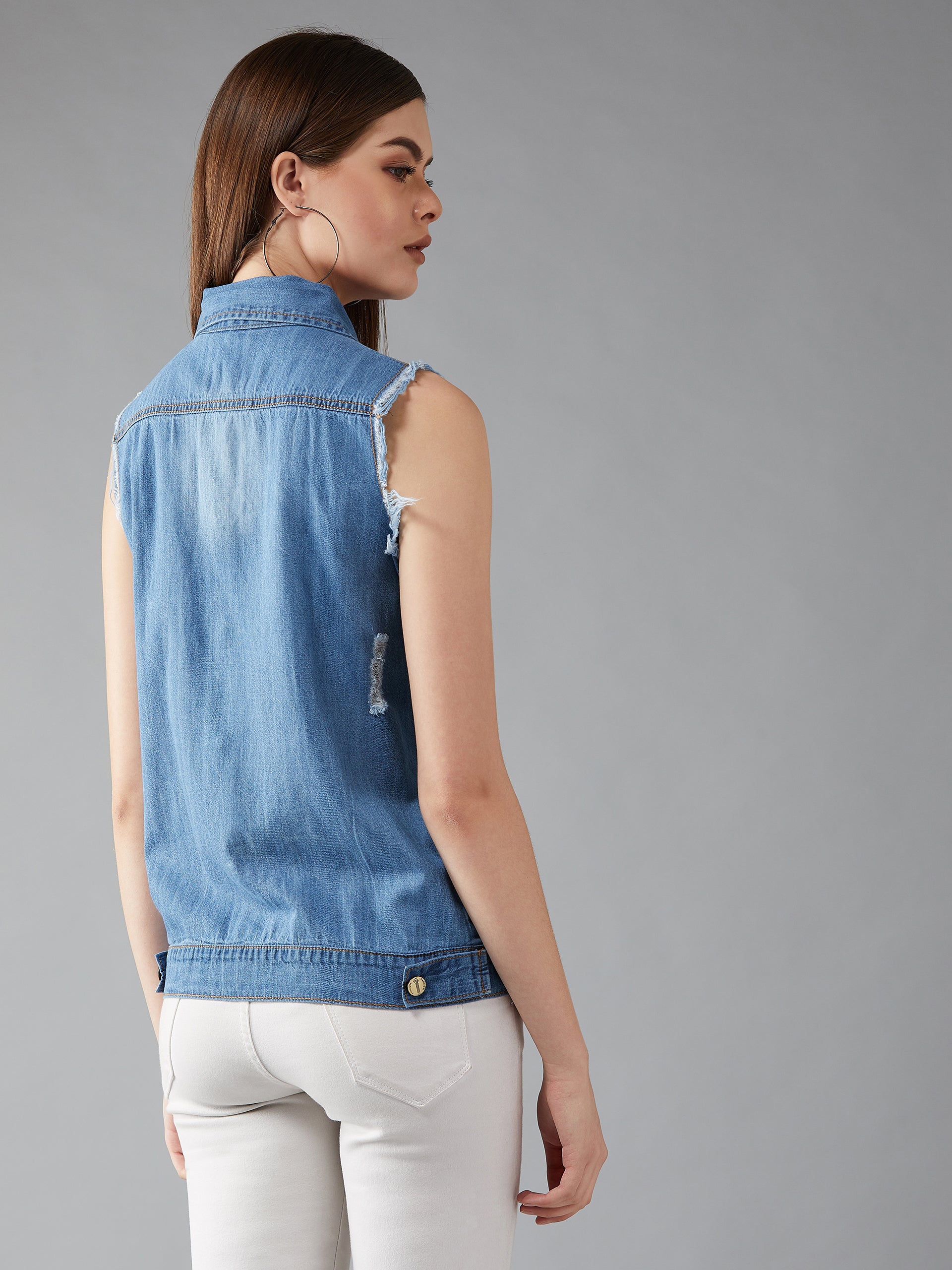 Women's Blue Polo Neck Sleeveless Denim Solid with Fringe Edge Detailing Jacket