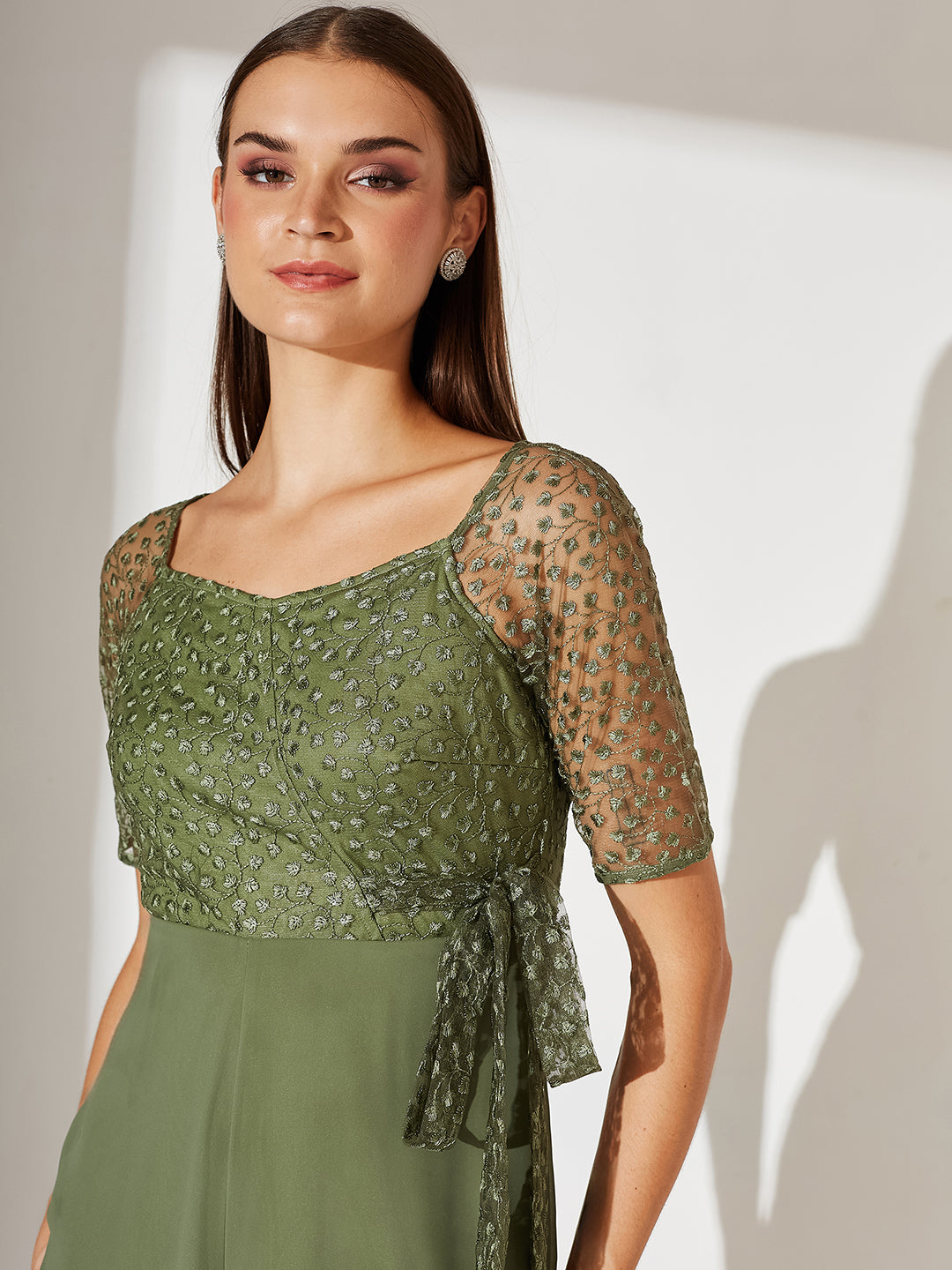 Women's Light Green Square Neck Raglan sleeve Solid Embroidered Regular Jumpsuit