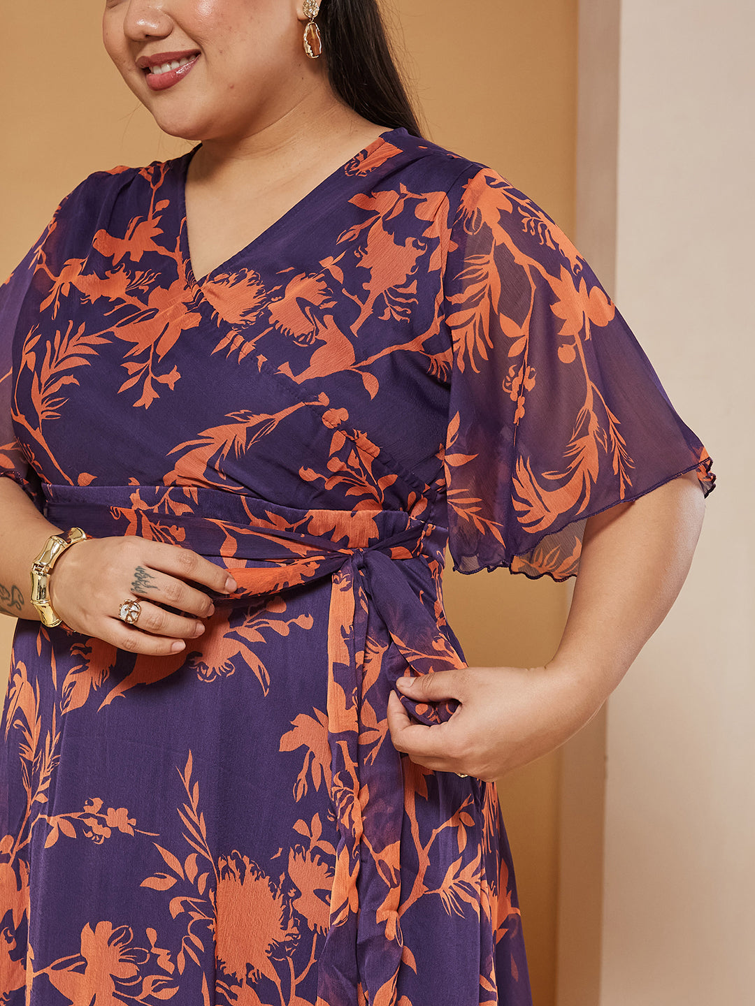 Orange & Purple Floral Wrap Chiffon Maxi Dress with Flutter-Sleeves & Frilled Hem for Women
