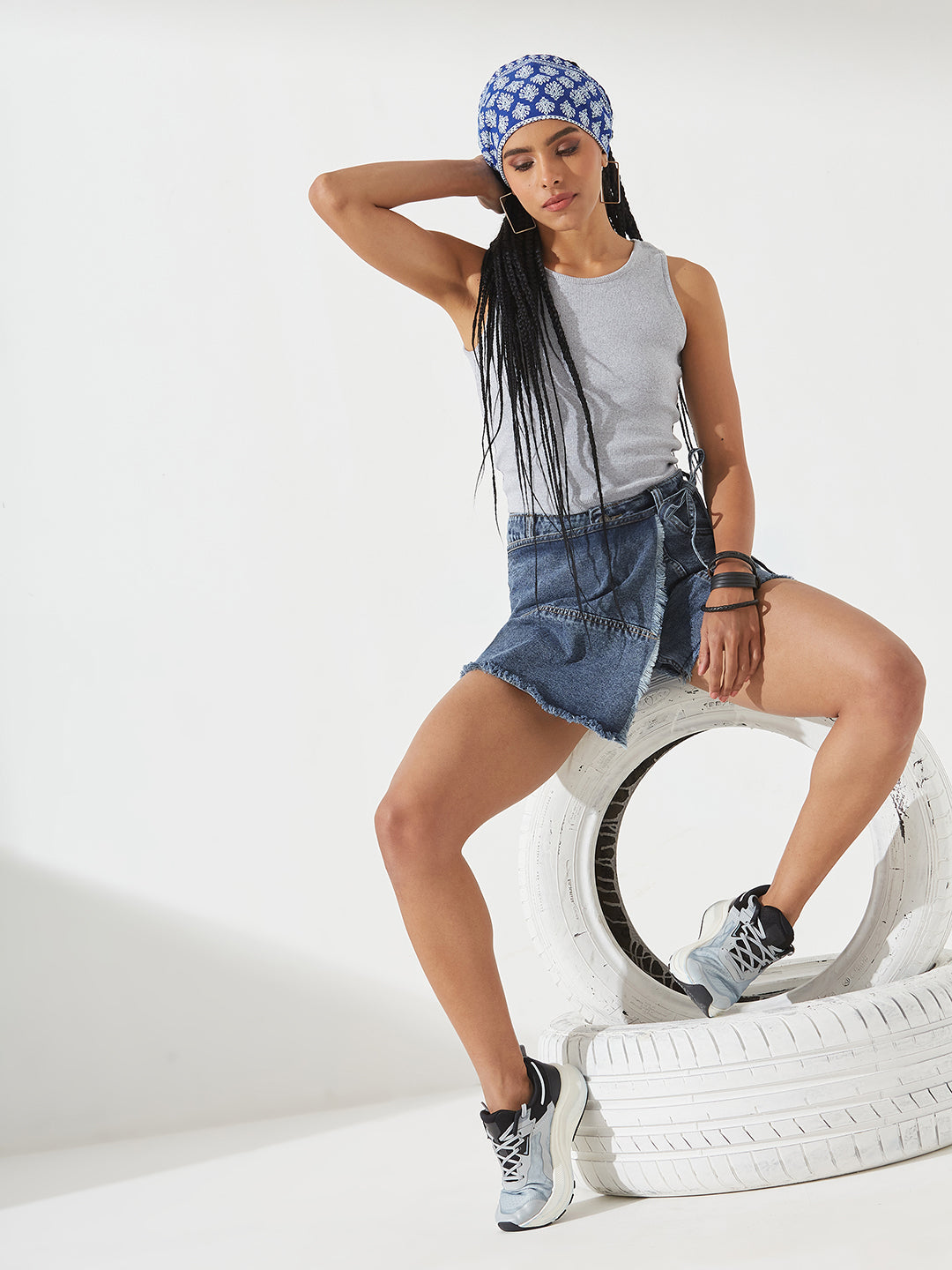 Navy-Blue High-Rise Mild Distress Denim Skorts for Women