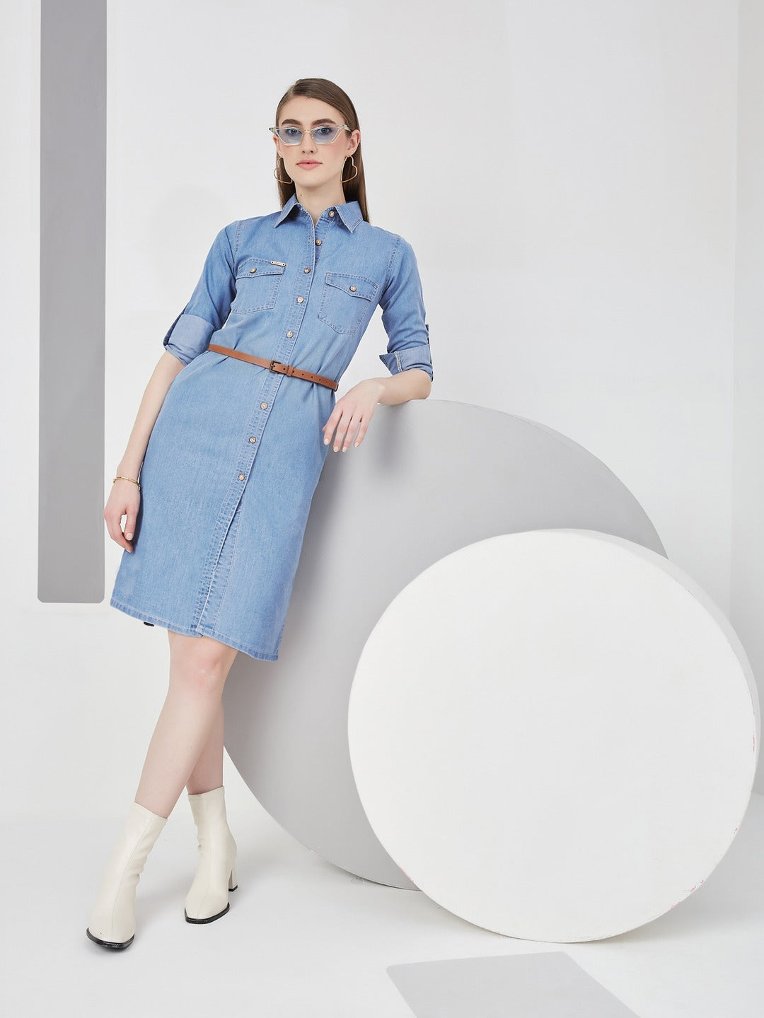 Blue Polo Neck Rolled Up Full Sleeve Denim Solid Buttoned A-Line Mini Dress for Women