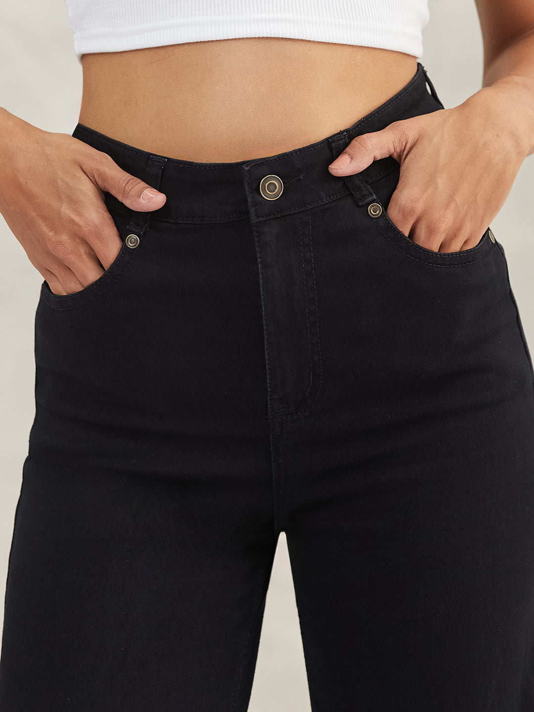 Women's Black High-Rise Stretchable Wide-Leg Denim Jeans