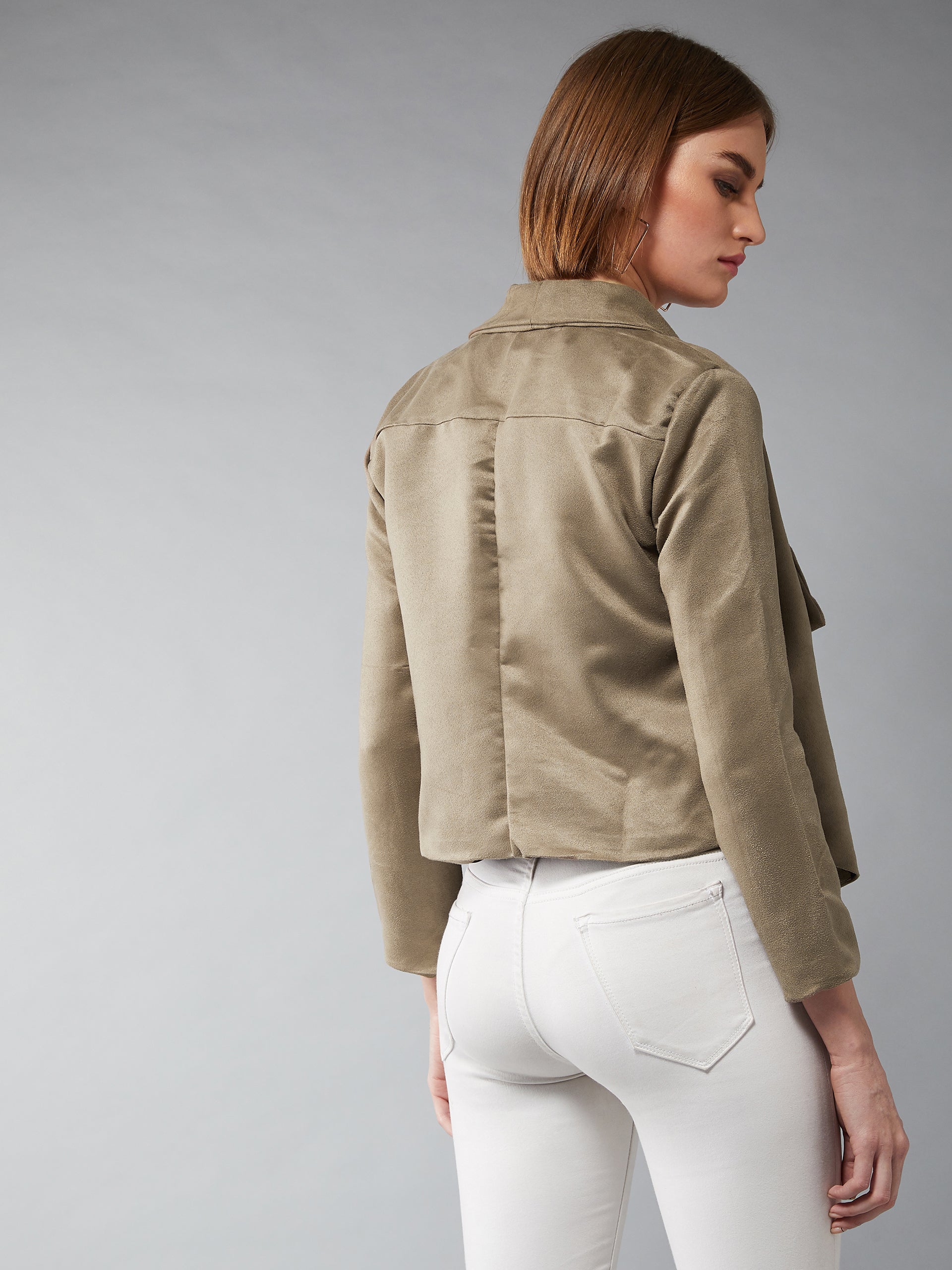 Women's Olive Green Open-Front Full Sleeves Solid Waterfall Regular Length Jacket