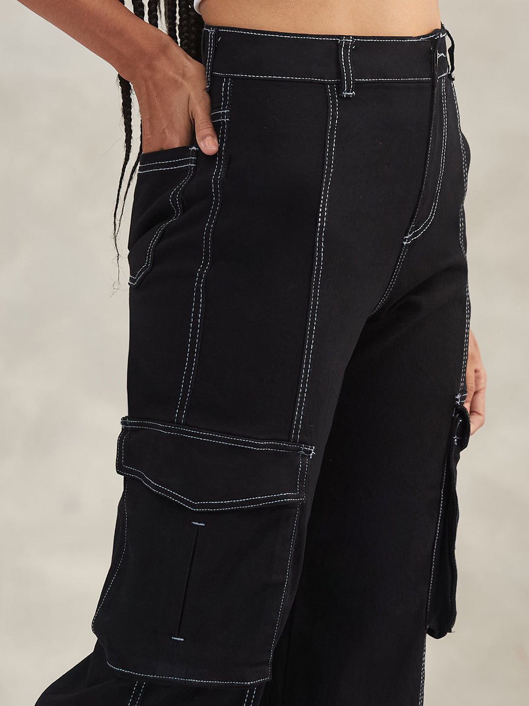 Women's Black Wide-Leg High-Rise Clean-Look Regular-Length Stretchable Patch-Pocketed Denim Jeans