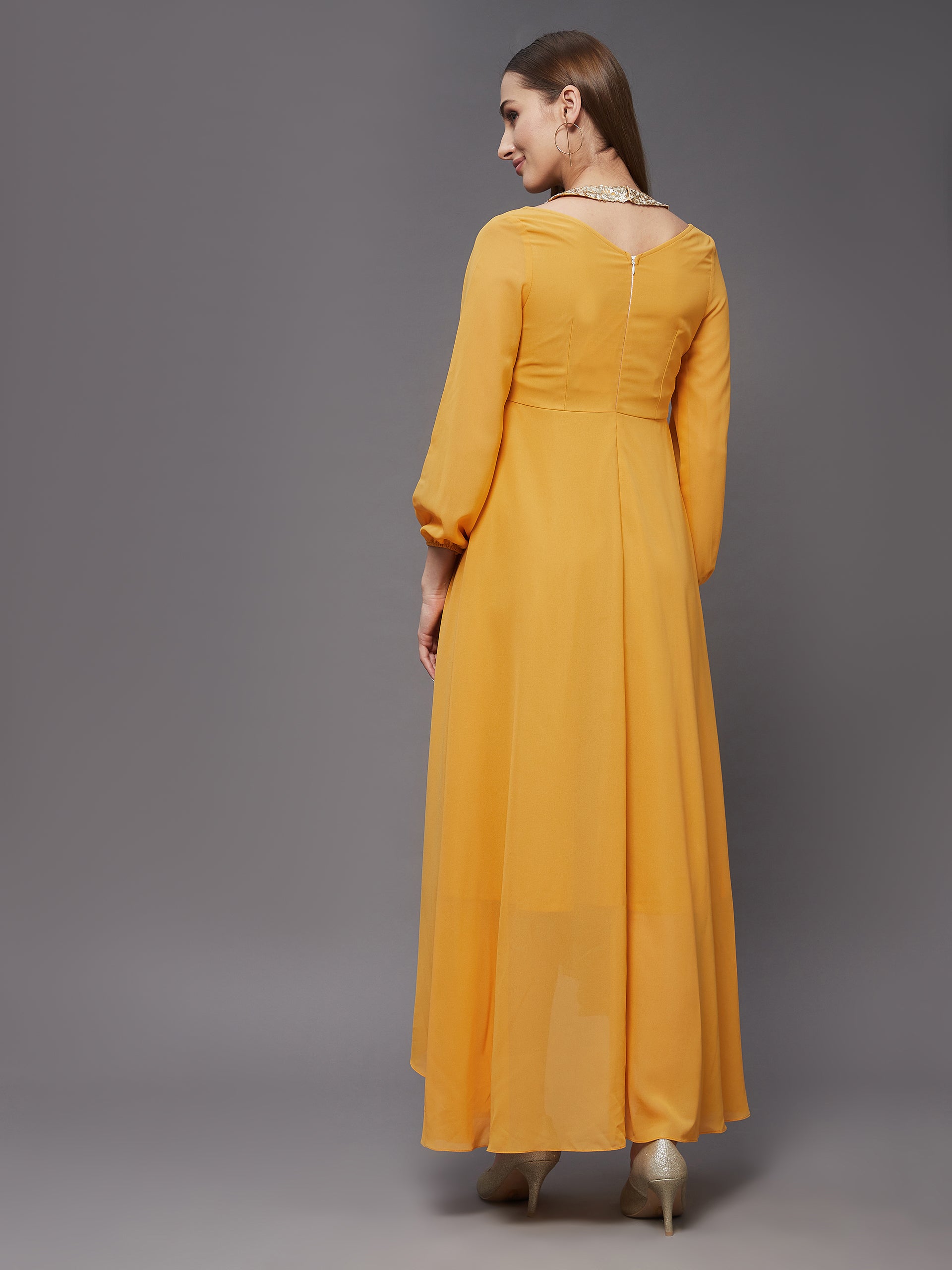 Women's Mustard Embellished Shoulder Cut-out Full Sleeve Maxi Dress