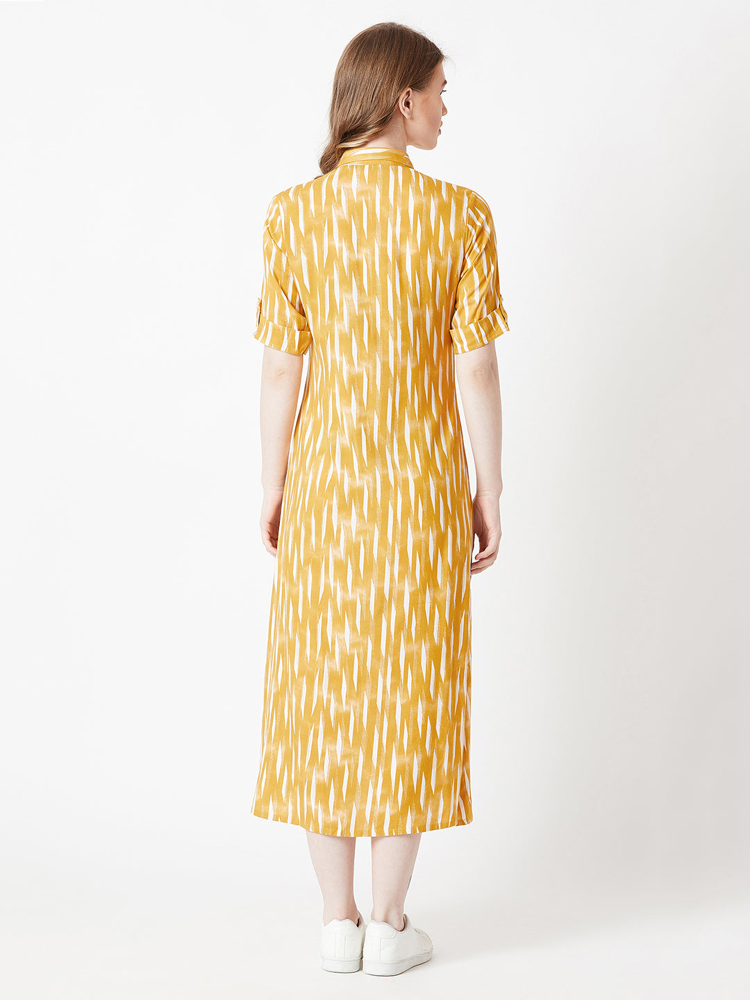 Women's Multicolored With A Yellow Base Collared Elbow Sleeve Geometric Print Side Slit Buttoned Midi Collared Shirt Dress