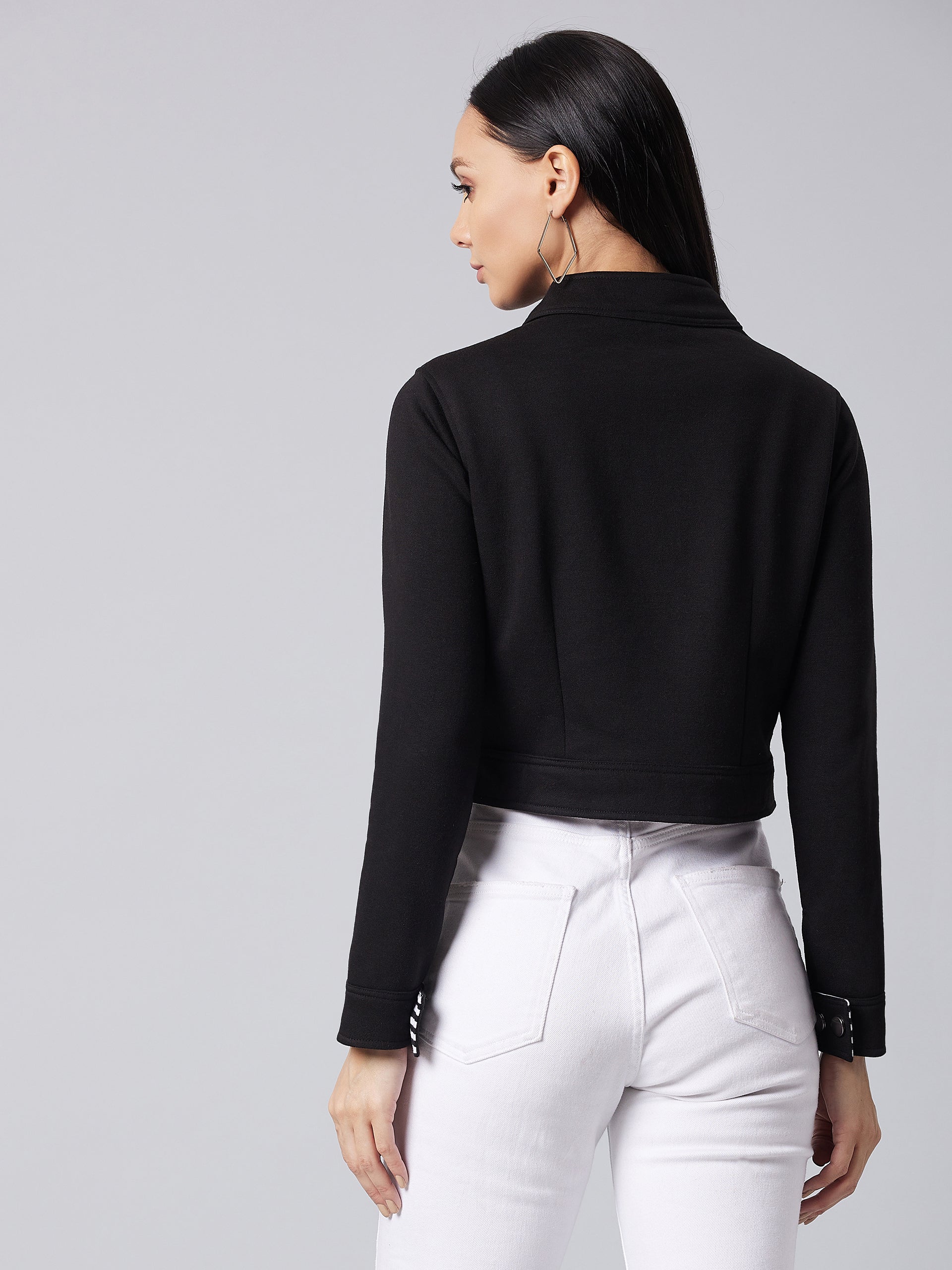 Women's Black Round Neck Full Sleeve Solid Paneled Crop Jacket