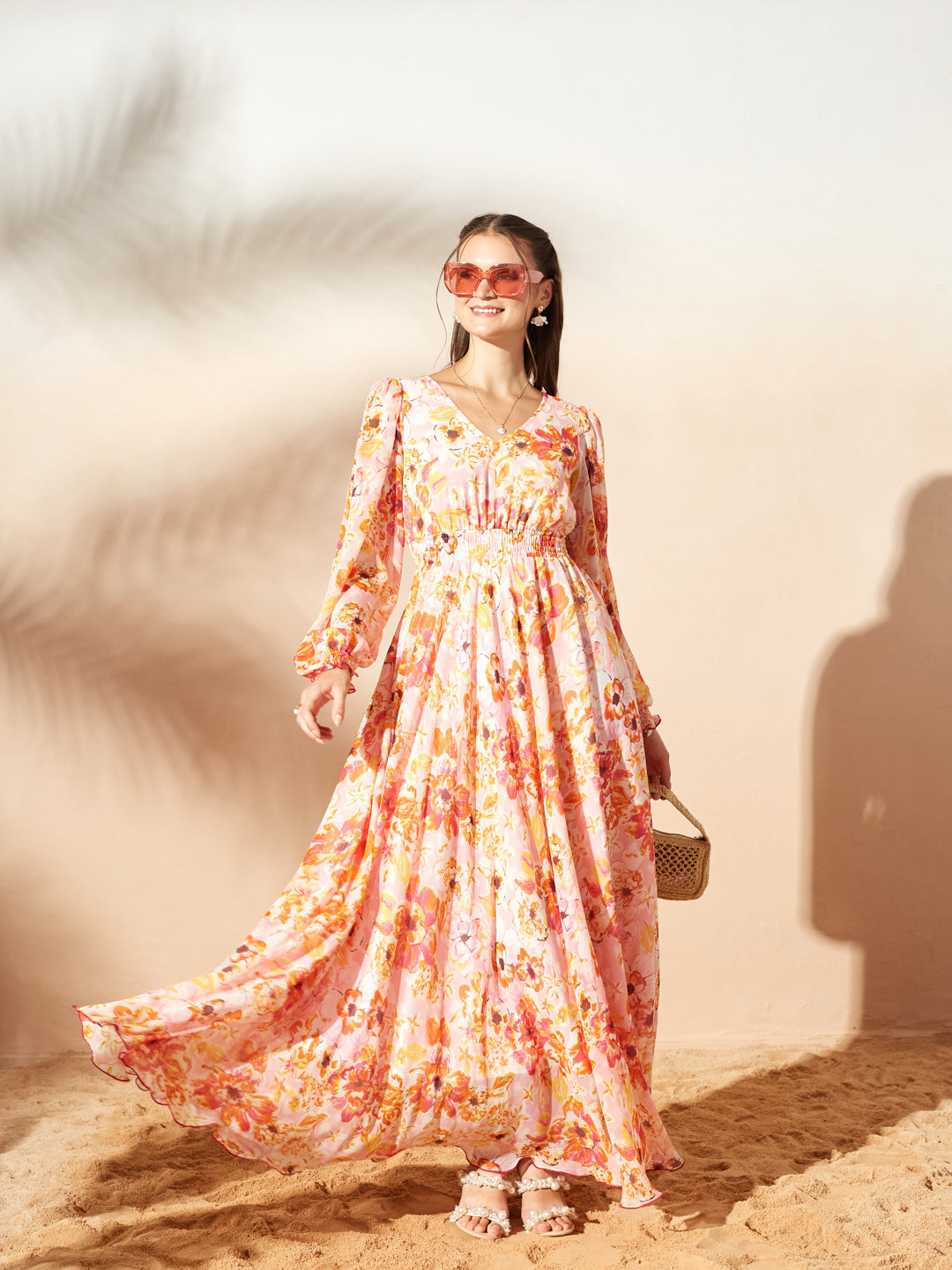 Orange Full Sleeves Floral Printed Fit and Flare Dress for Women
