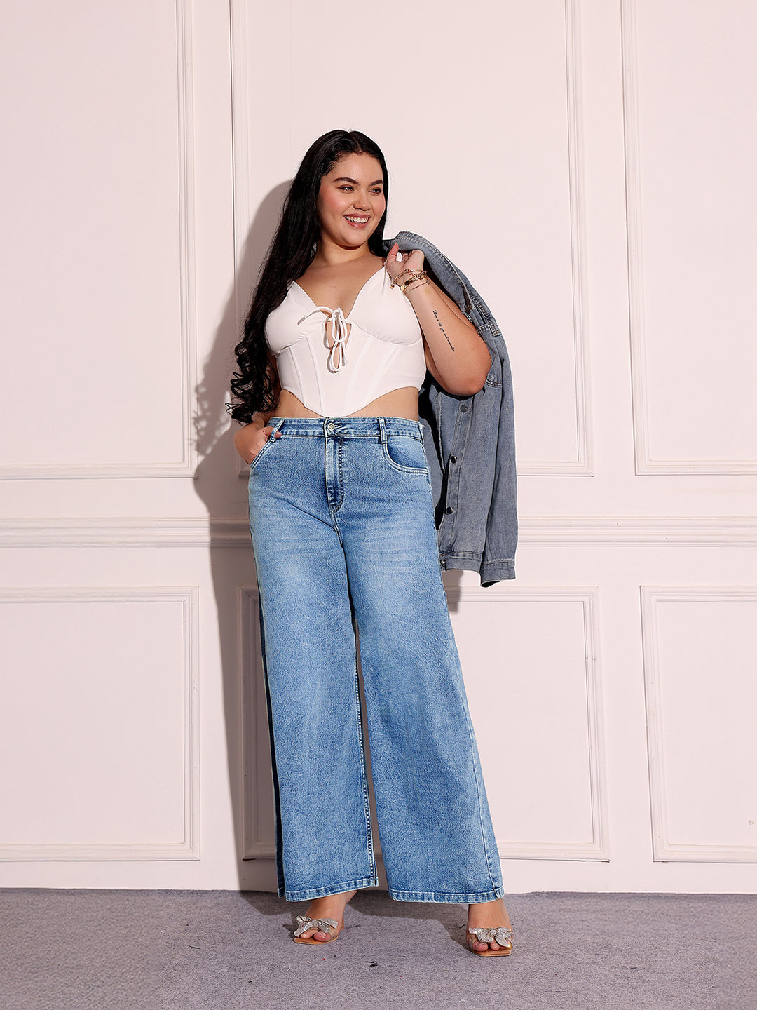 Women's Light Blue Wide-Leg High-Rise Stretchable Denim Jeans