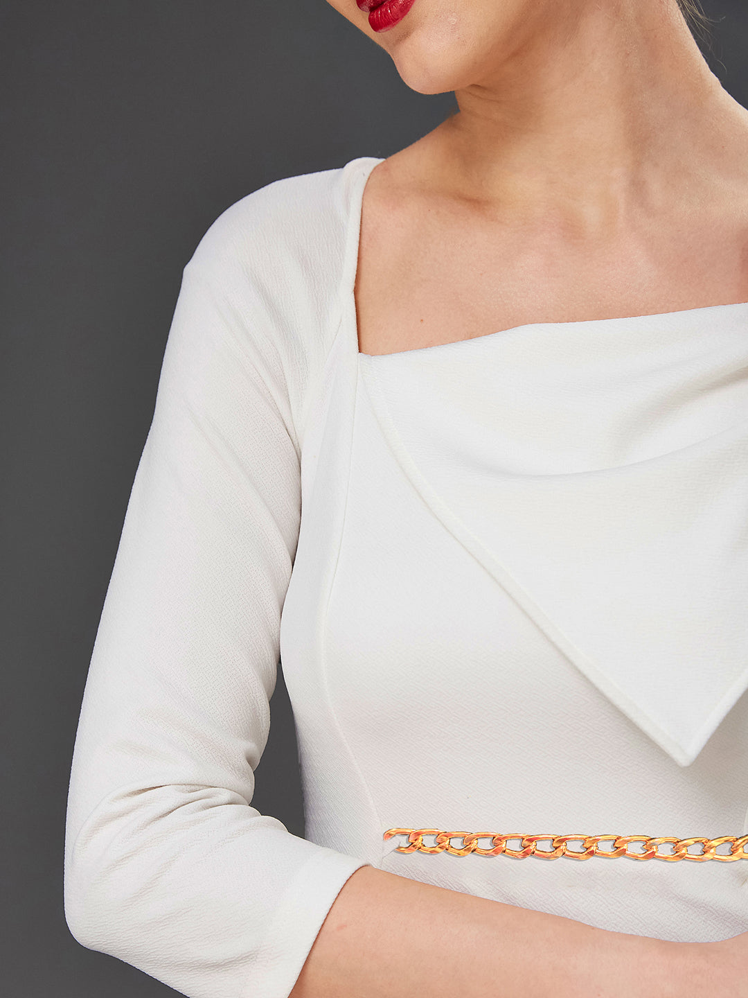 Women's Off White Solid Square Neck Raglan Sleeves Side Pocketed Polyester Fit and Flare Knee-Length Dress