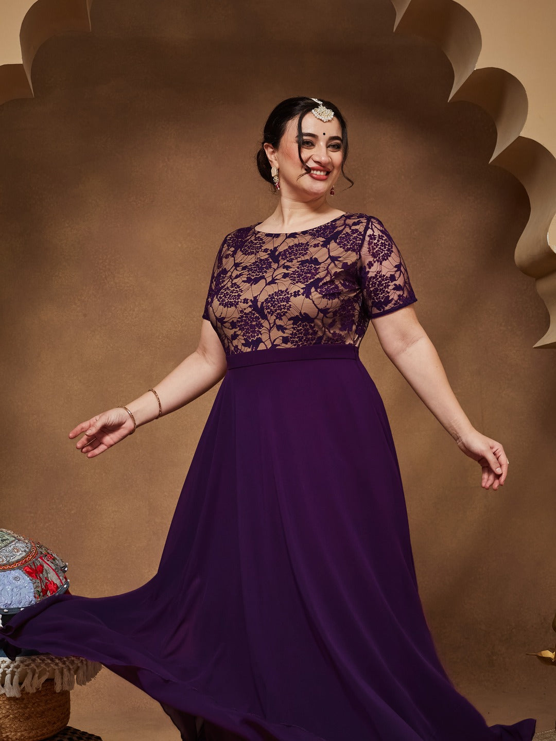 Dark Purple Round Neck Half Sleeve Self Design Fit & Flare Georgette Maxi Dress for Women
