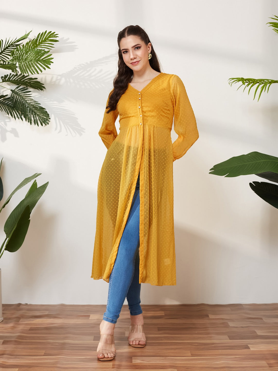 Mustard Yellow V-Neck 3/4 Sleeves solid empire Maxi Top for Women