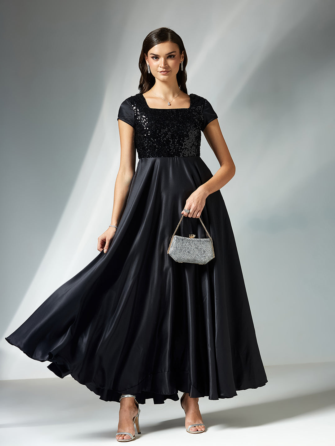 Women's Black Square Neck Short Sleeve Embellished Polyester Fit & Flare Maxi Dress