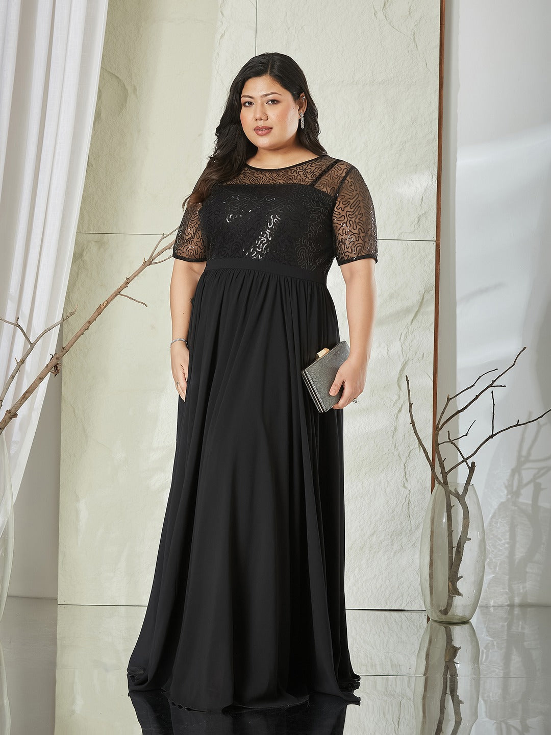 Black Relaxed Fit Maxi Georgette & Sequins Dress for Women