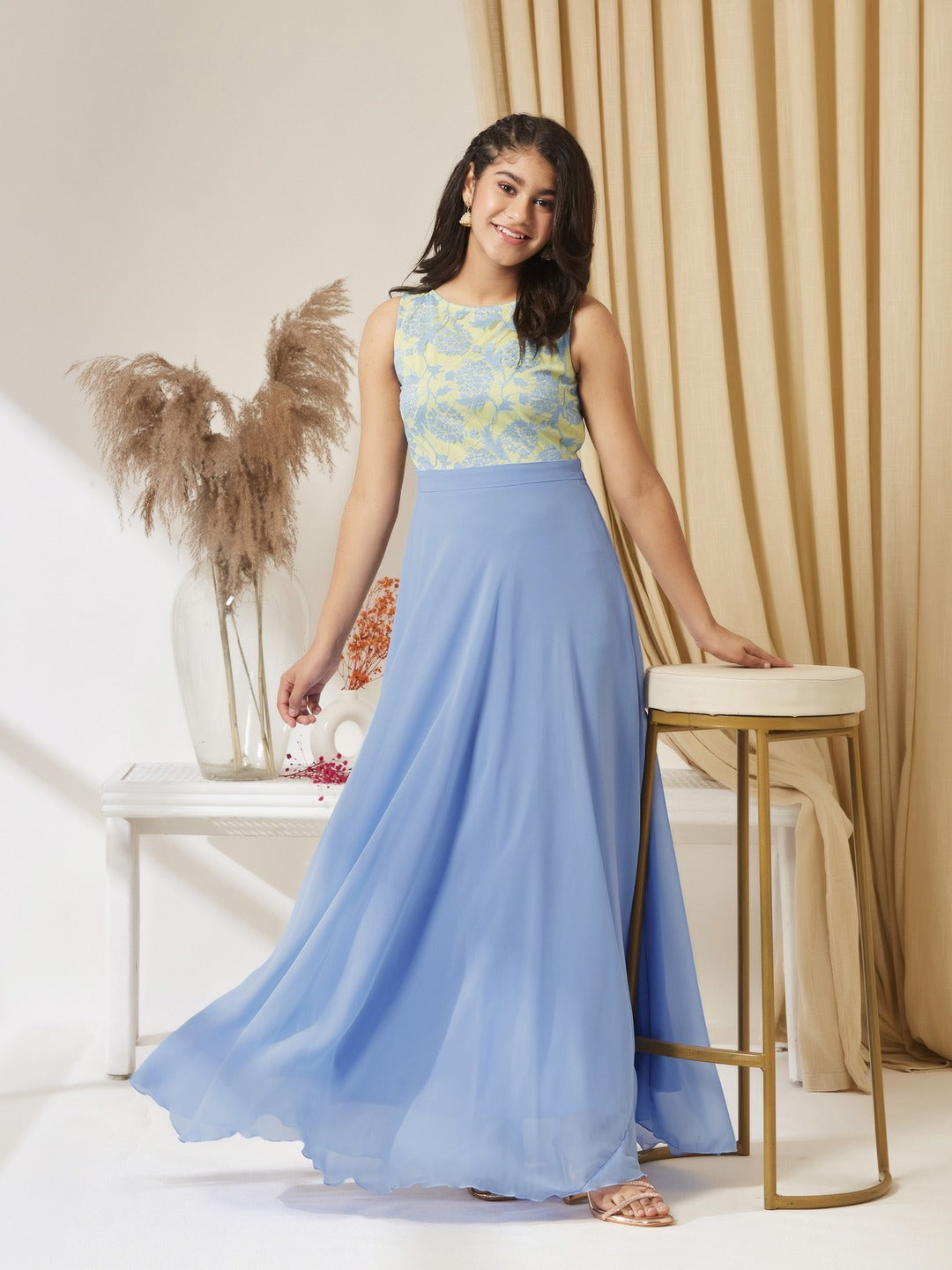 Sky Blue Round Neck Sleeveless Georgette & Lace Floral Fit & Flare Maxi Dress for Girls/Teenagers