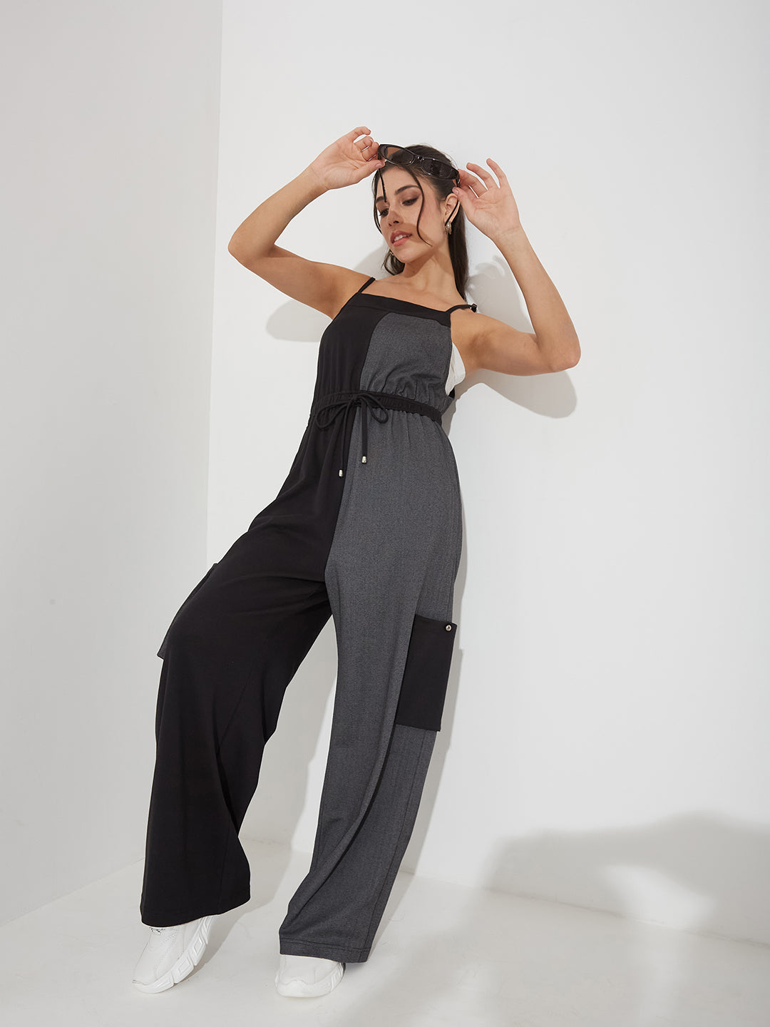 Black & Grey Square Neck Sleeveless Dual Tone Full Length Cotton Dungaree for Women