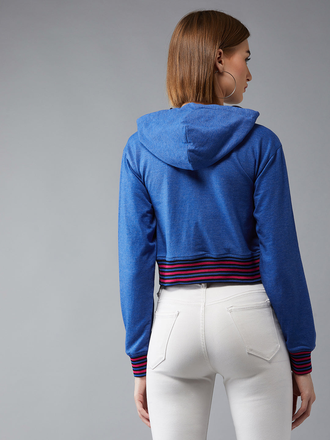 Women's Azure Blue Round Neck Full Sleeves Ribbed Solid Boxy Crop Sweatshirt