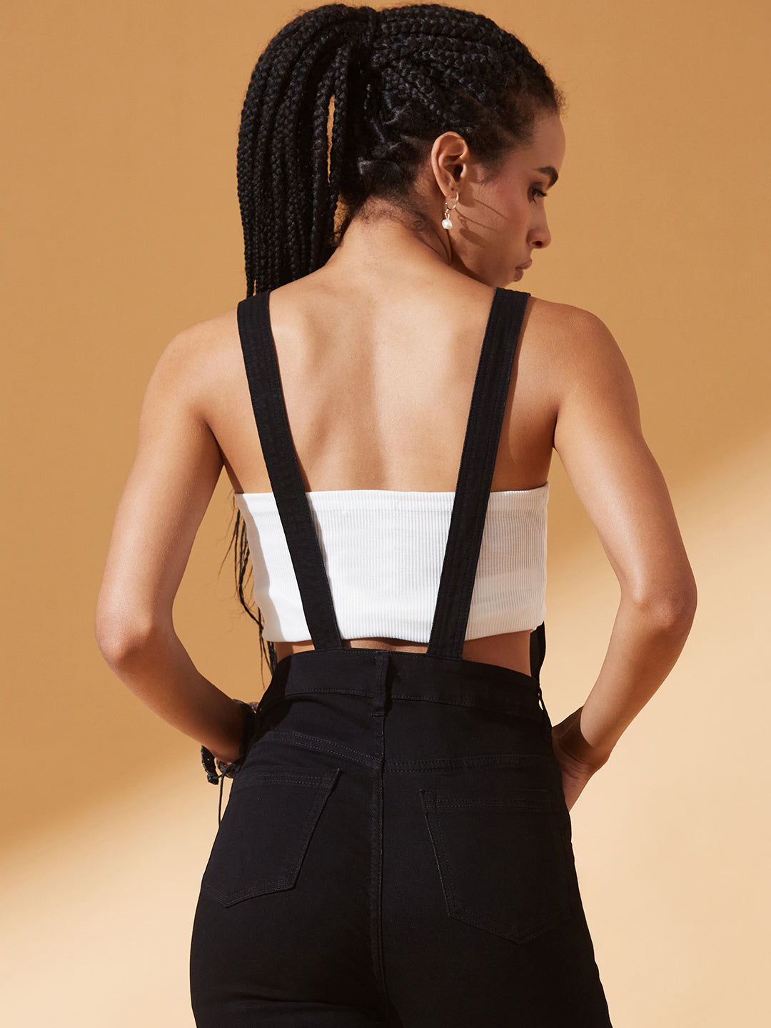 Black Skinny-Fit High-Rise Regular Stretchable Denim Dungaree for Women — Dolce Crudo