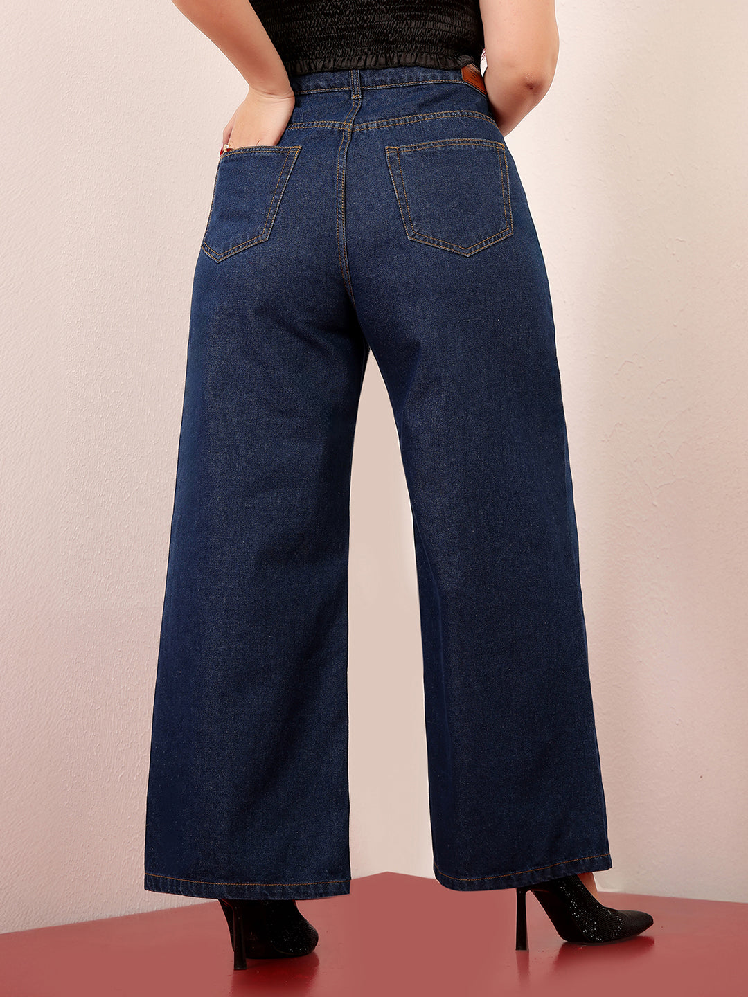 Women's Navy Blue Wide-Leg High-Rise Clean-Look Regular-Length Non-stretchable Denim Jeans