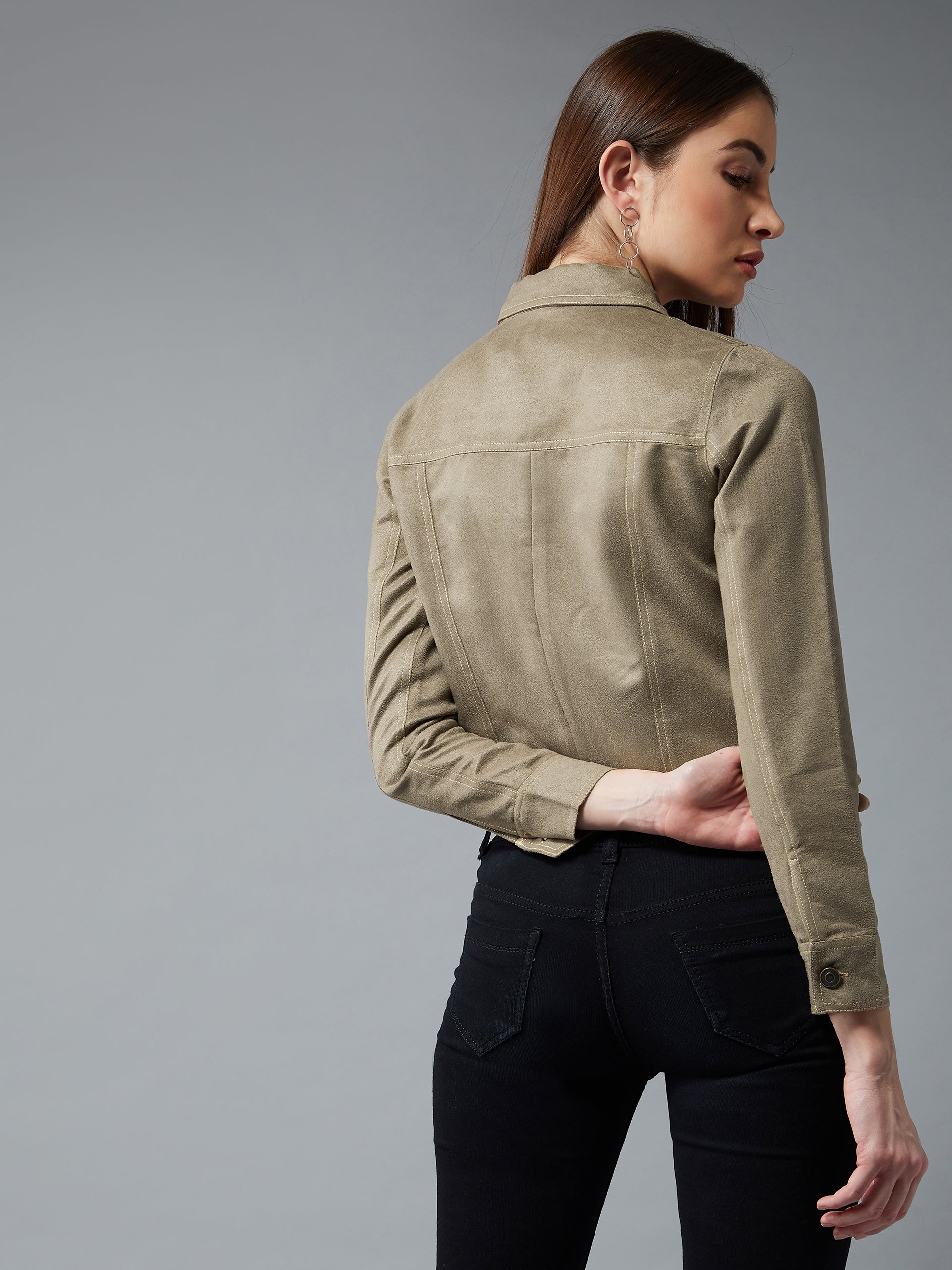 Women's Olive Green Collared Full Sleeves Paneled Cropped Jacket