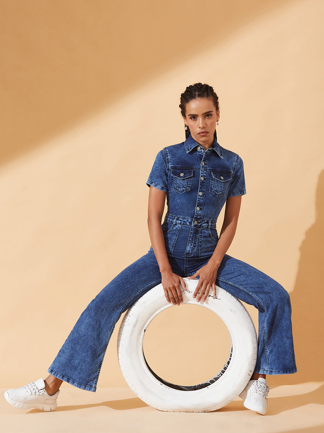 Black Flared High-Rise Stretchable Denim Jumpsuit for Women
