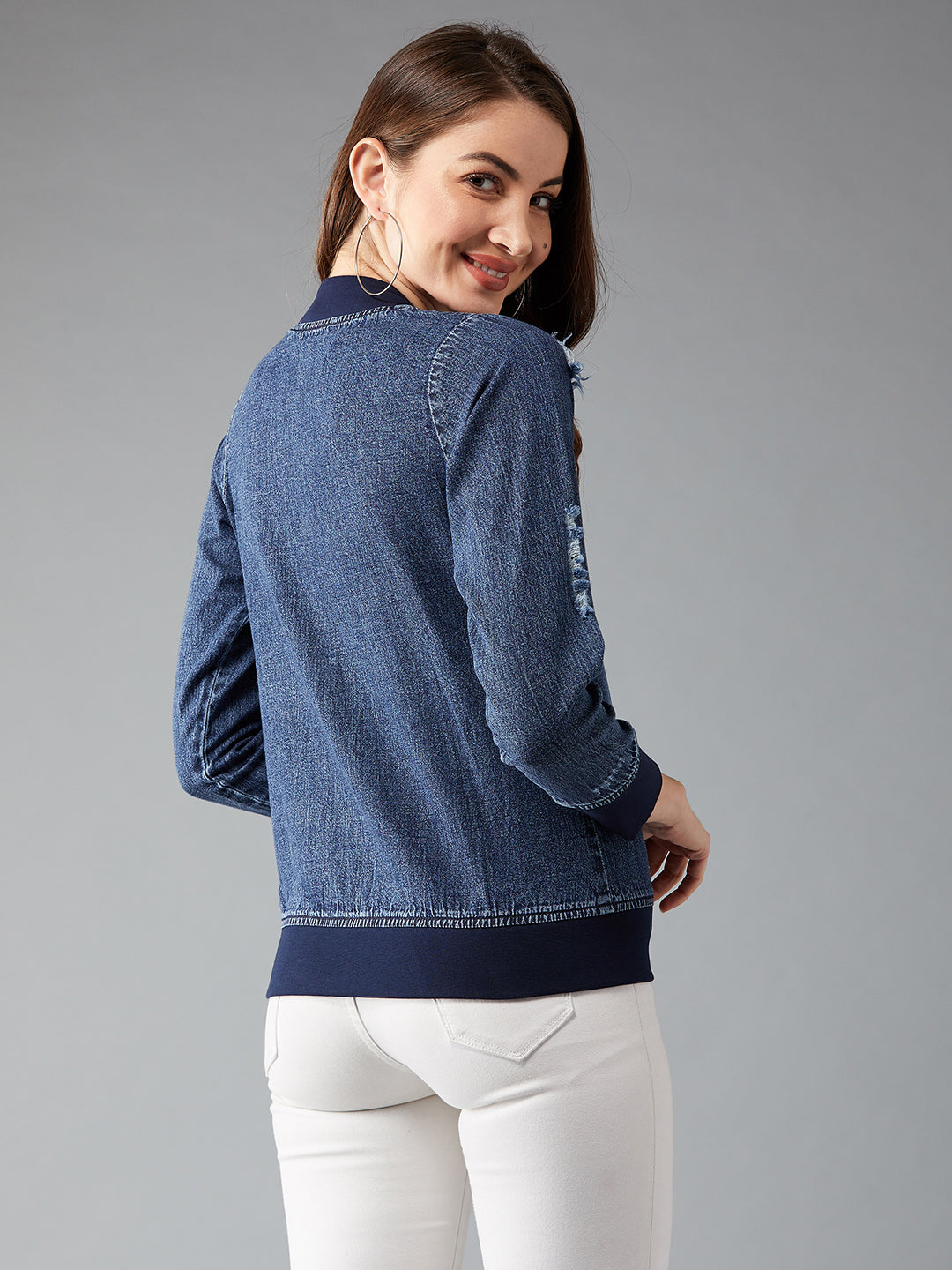 Women's Navy Blue V-Neck Full Sleeve Solid Bomber Regular Jacket