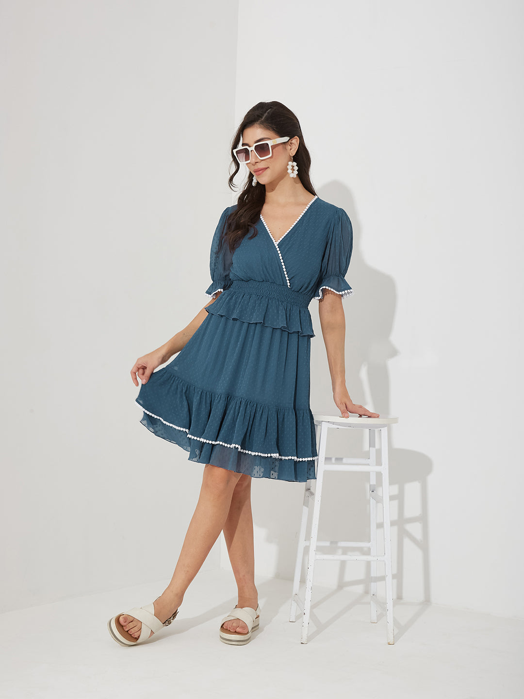 Blue V-Neck Puff Self Design Tiered/ Layered/ Overlap Knee-Long Chiffon Dress for Women — Miss Chase