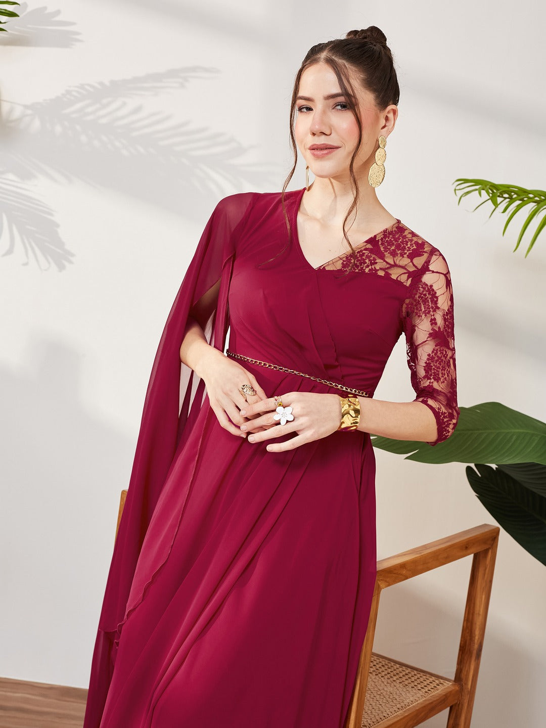 Dark Pink V-Neck Asymmetric Self-Designed Georgette Maxi Dress for Women
