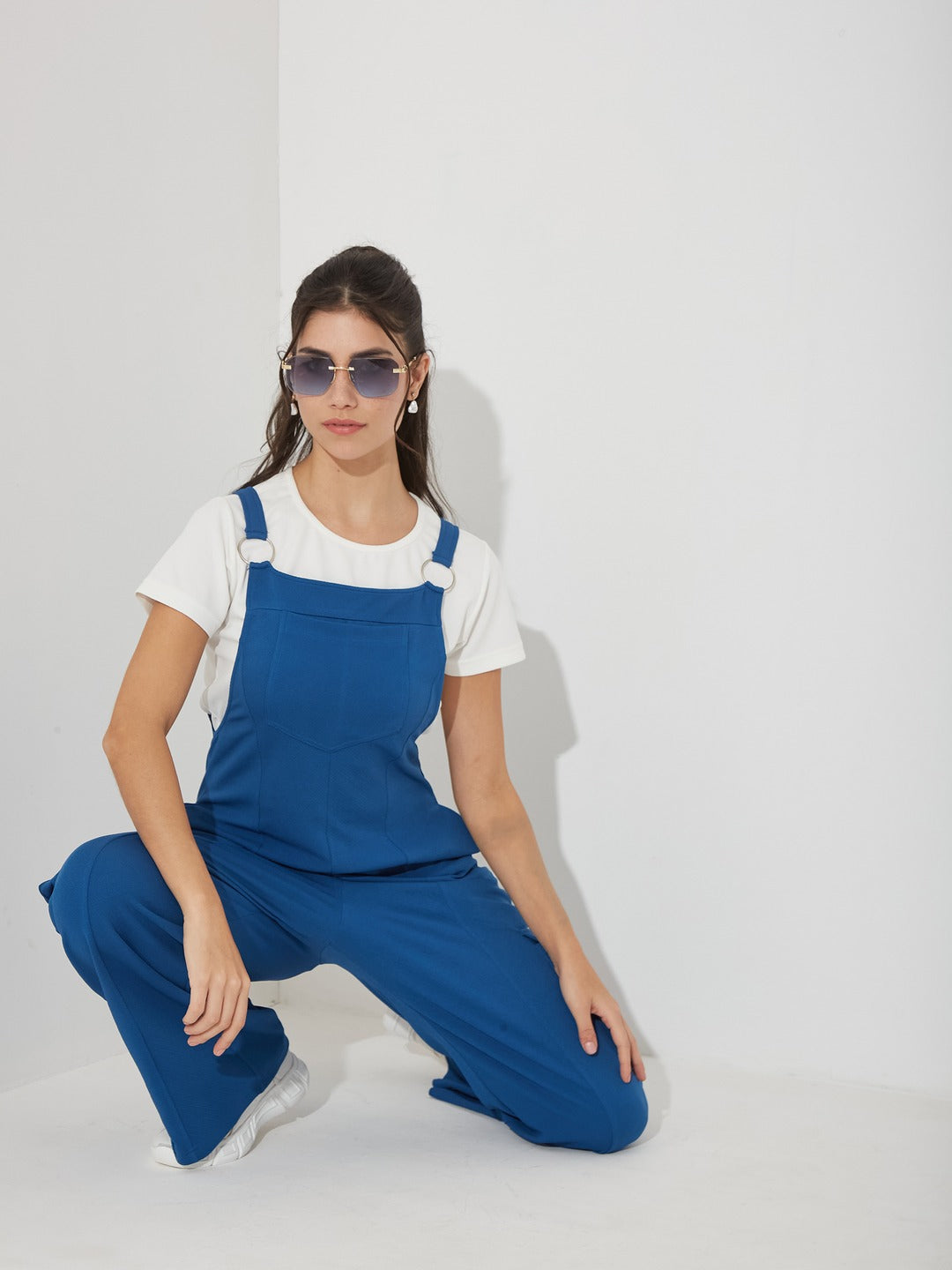Solid Blue Dungarees for Women