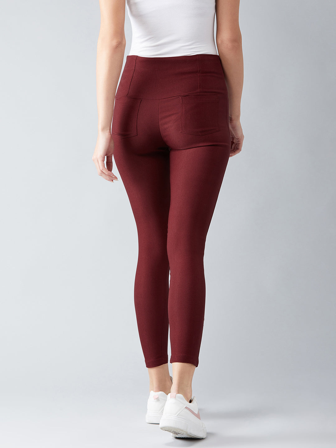 Women's Maroon Solid Skinny High Waist Regular Length Slim Fit Treggings