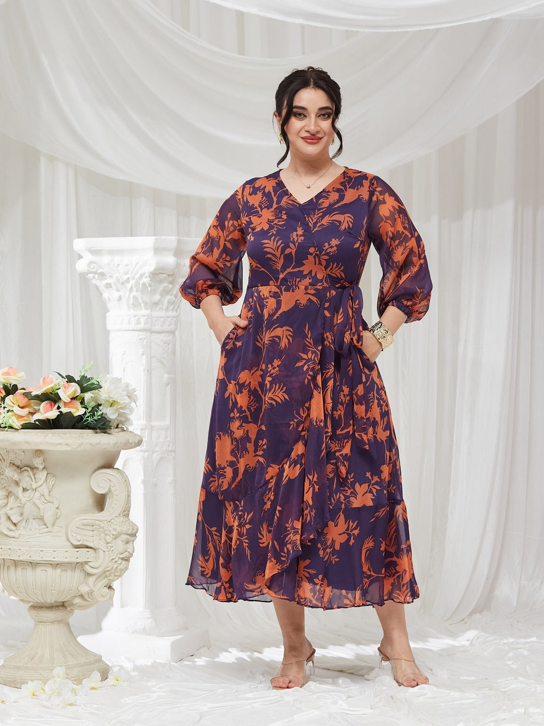 Purple V-Neck Three-Quarter Sleeve Floral Wrap Chiffon Midi Dress for Women — Miss Chase A+