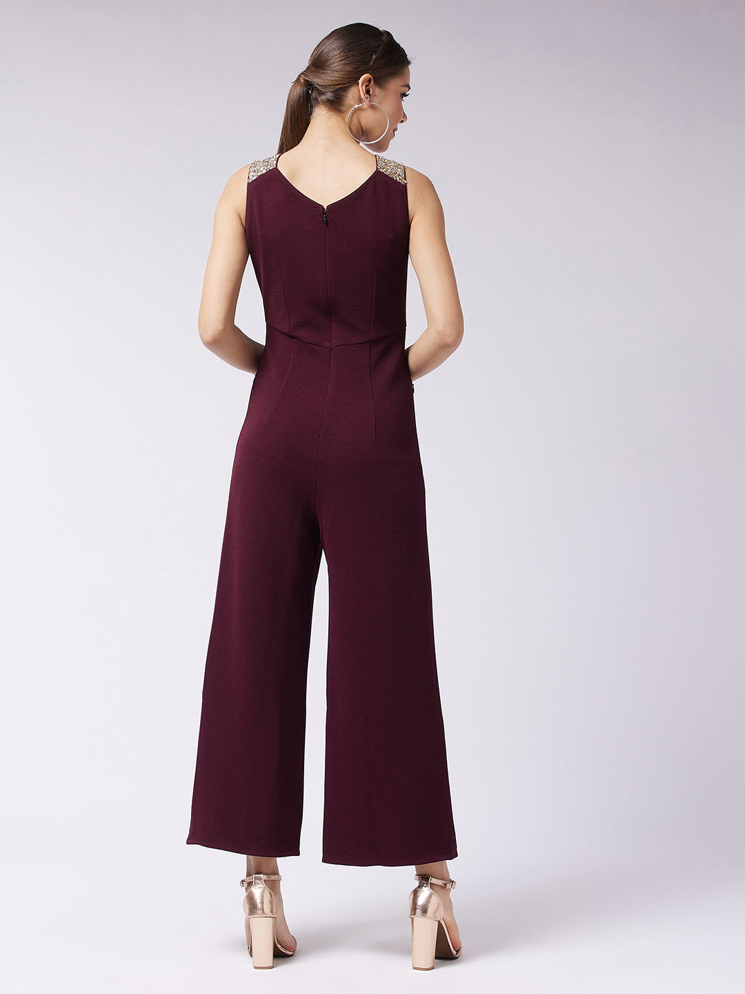 Crease Ease Women's Wine Round Neck Sleeveless Solid Paneled Sequined Party Jumpsuit