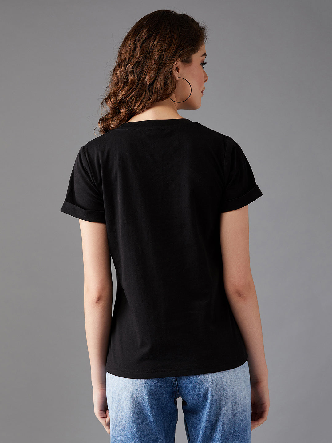 Women's Black Round Neck Short Sleeve Printed Basic Regular T-Shirt