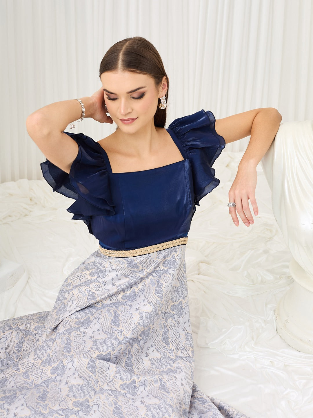 Navy Blue White Square Neck Ruffled Floral Maxi Dress for Women